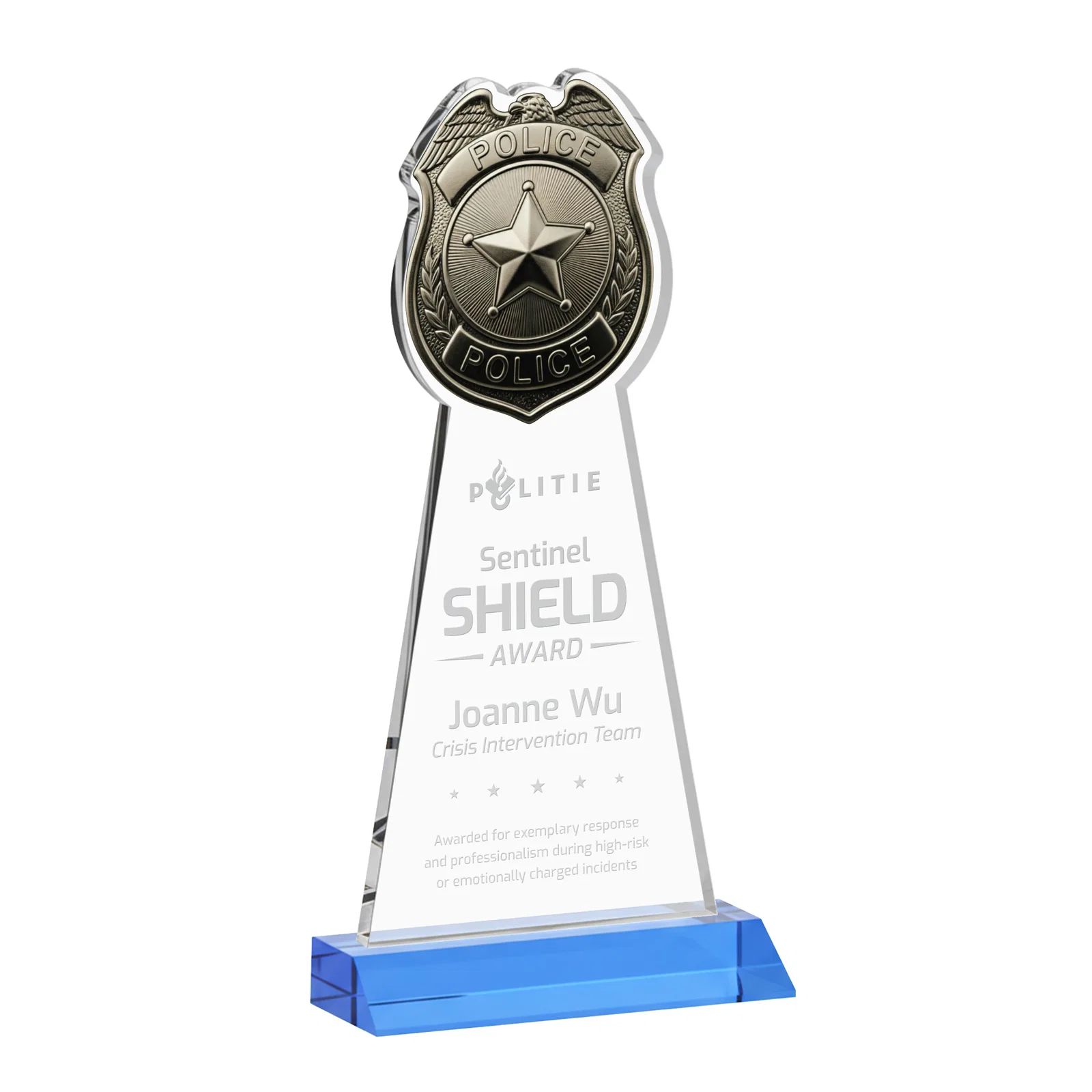 Promotional Starfire Crystal Police Badge Award on Mitered Base for graduation ceremonies