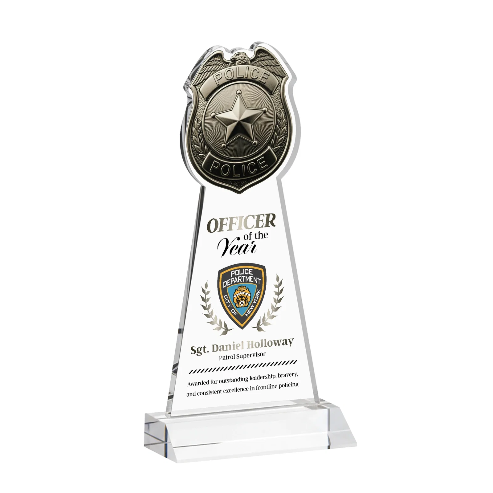 Branded Starfire Crystal Police Badge Award on Mitered Base for service anniversary gifts
