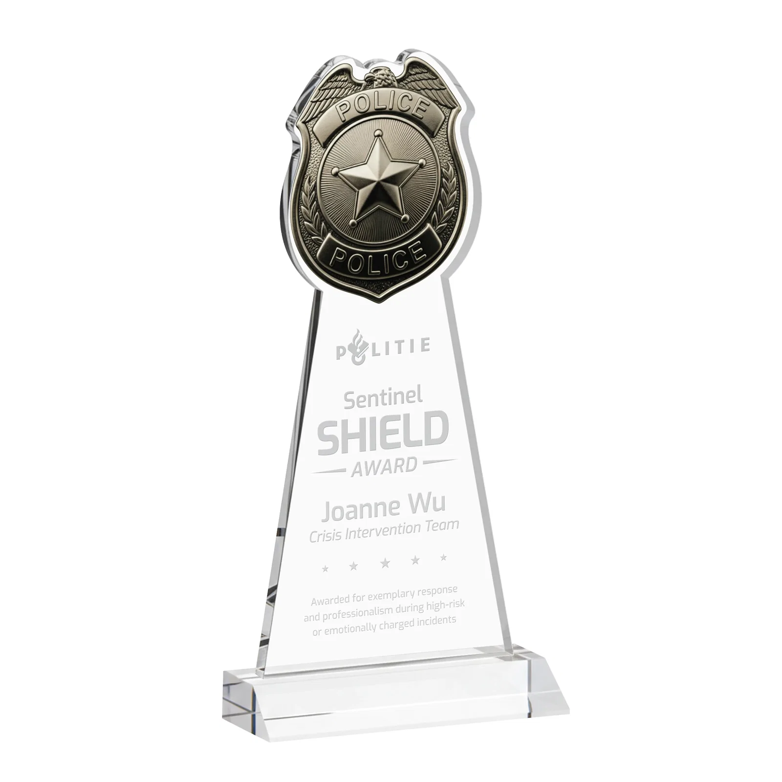 Custom Starfire Crystal Police Badge Award on Mitered Base for sales achievement awards