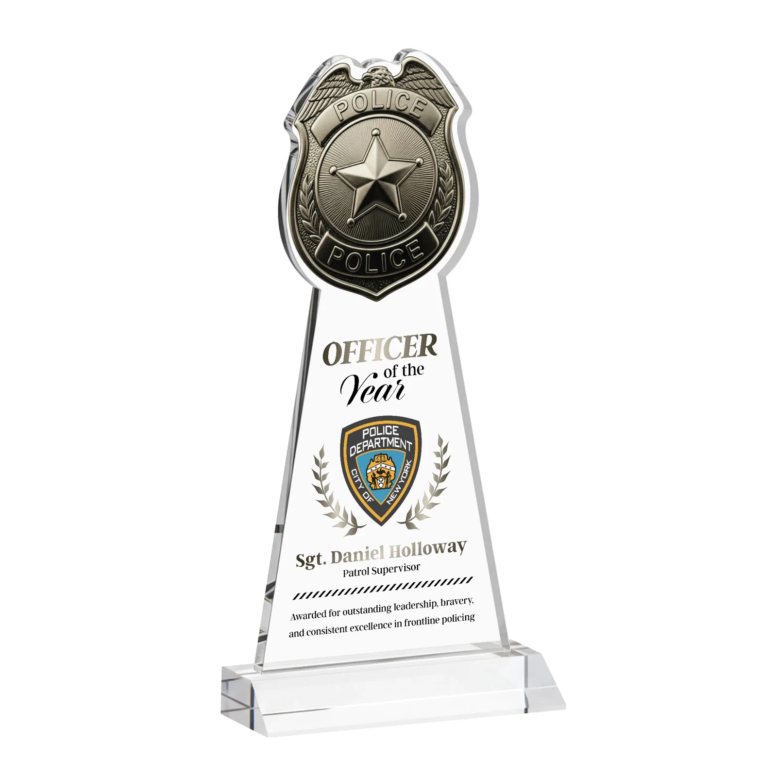 Branded Starfire Crystal Police Badge Award on Mitered Base for sales achievement awards