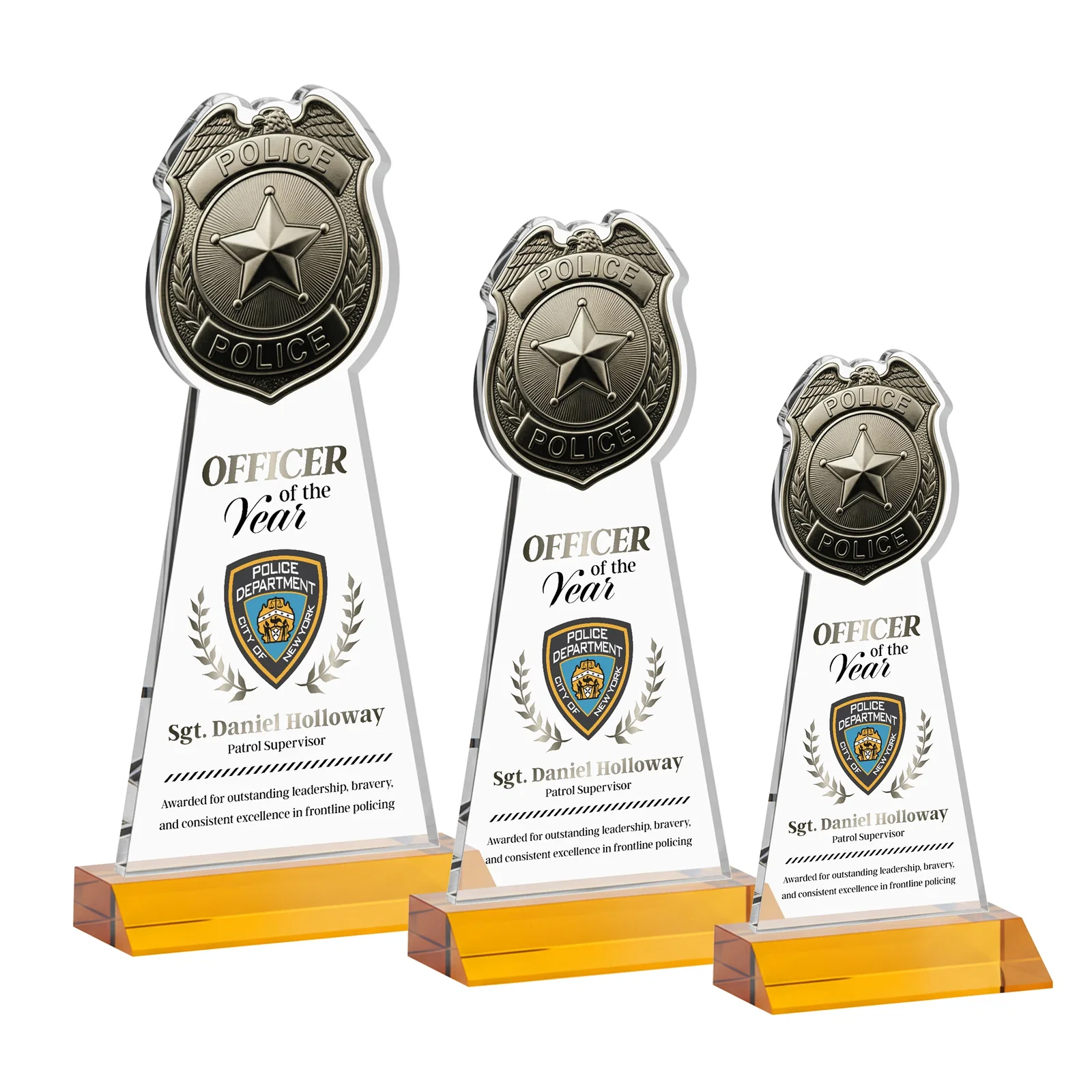 Branded Starfire Crystal Police Badge Award on Mitered Base for retirement presentations