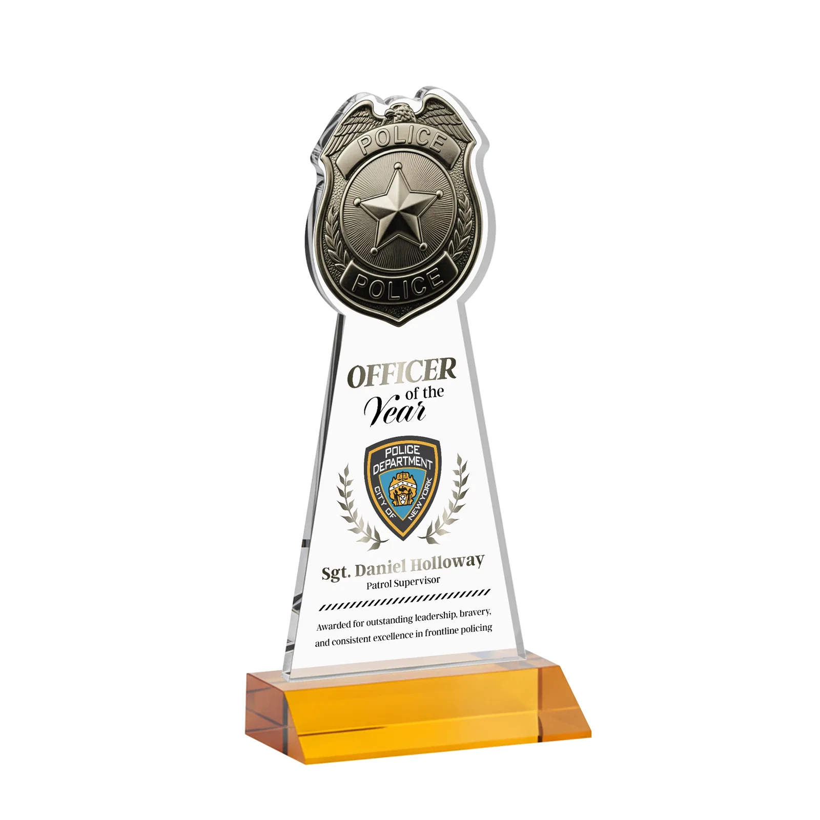 Branded Starfire Crystal Police Badge Award on Mitered Base for team milestone celebrations