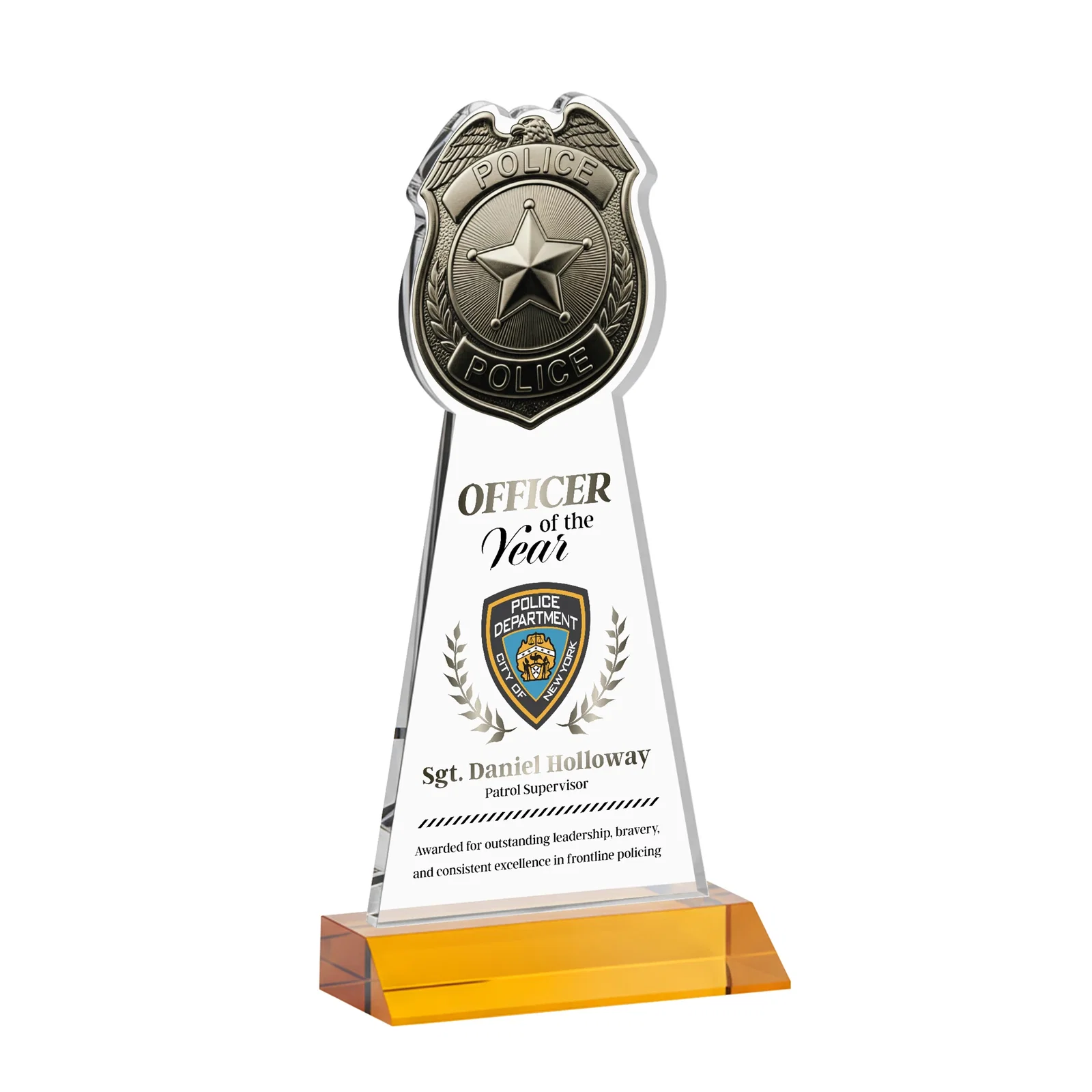 Branded Starfire Crystal Police Badge Award on Mitered Base for donor appreciation