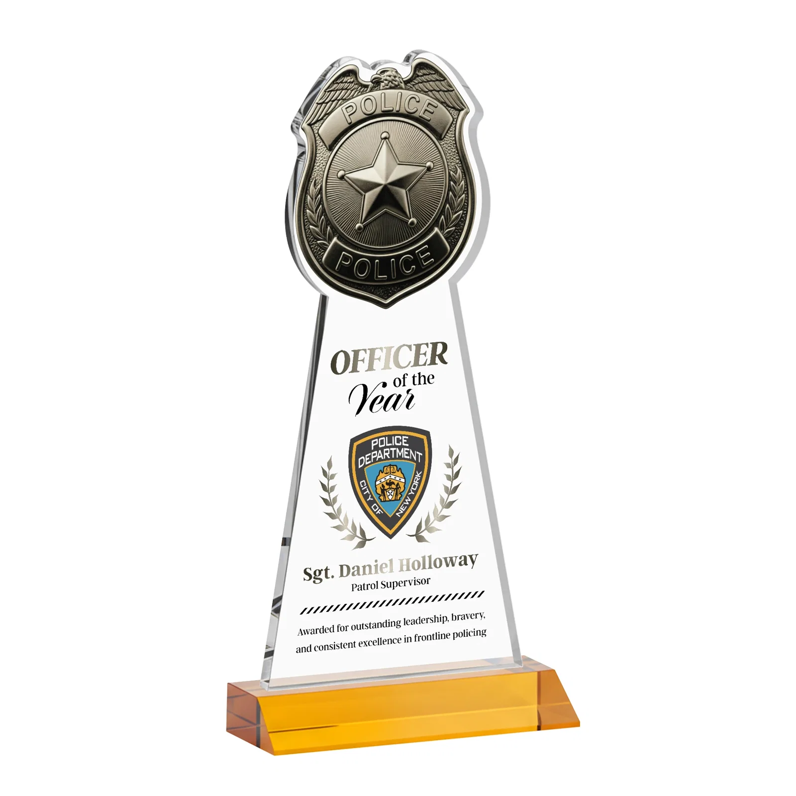 Branded Starfire Crystal Police Badge Award on Mitered Base for graduation ceremonies