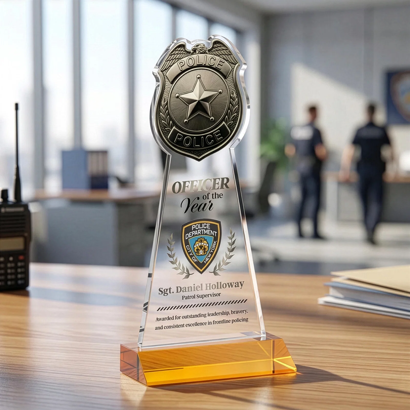 Branded Starfire Crystal Police Badge Award on Mitered Base for safety achievement programs