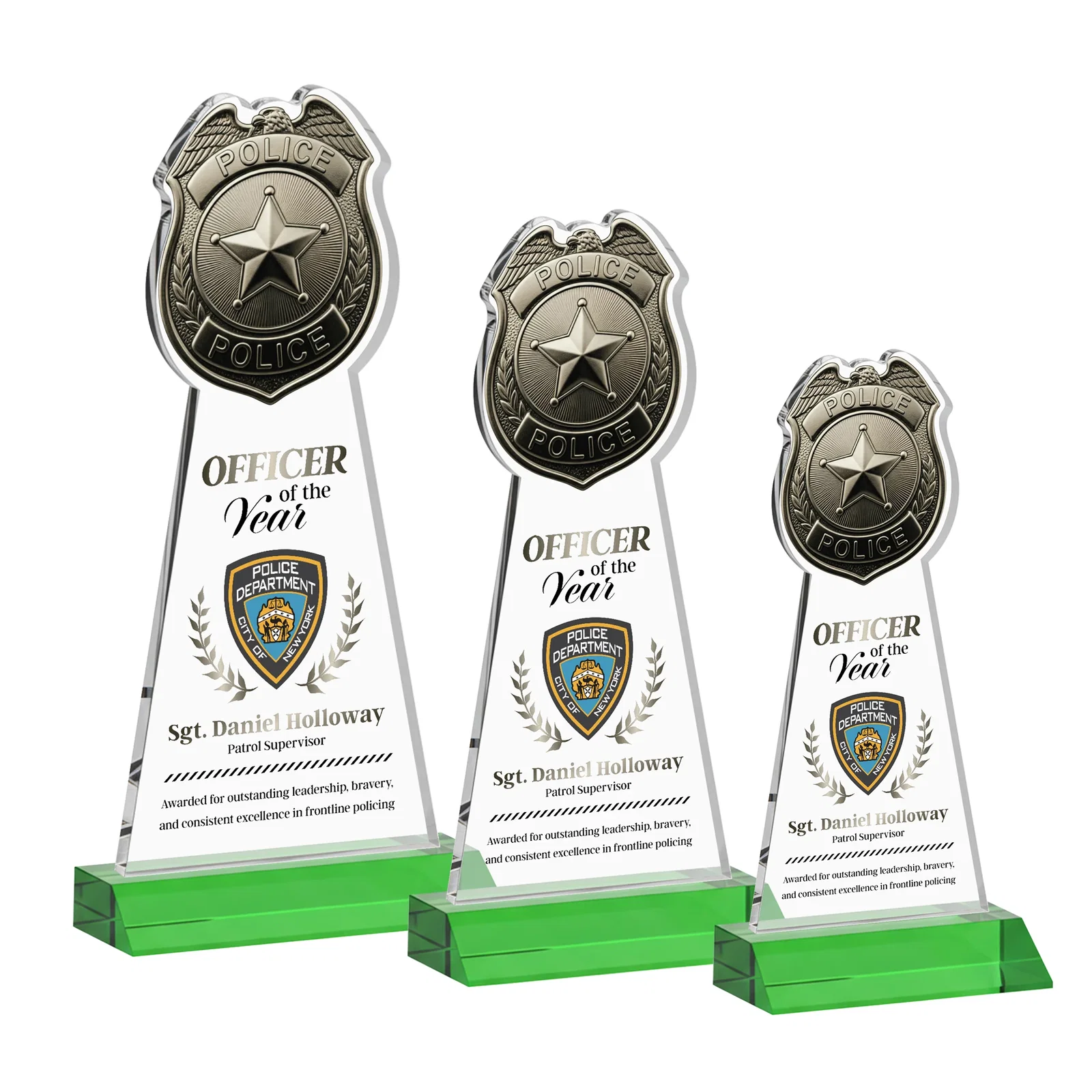 Branded Starfire Crystal Police Badge Award on Mitered Base for volunteer appreciation