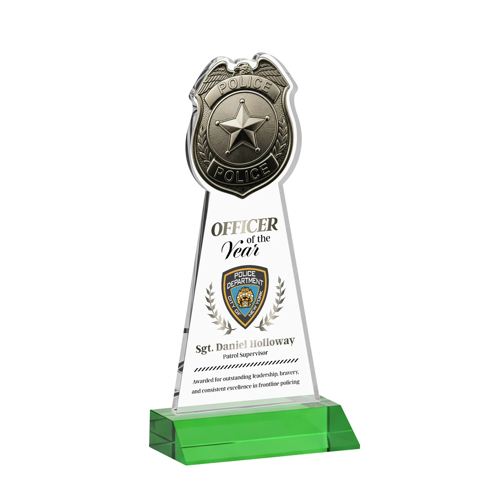 Branded Starfire Crystal Police Badge Award on Mitered Base for dealer and partner awards