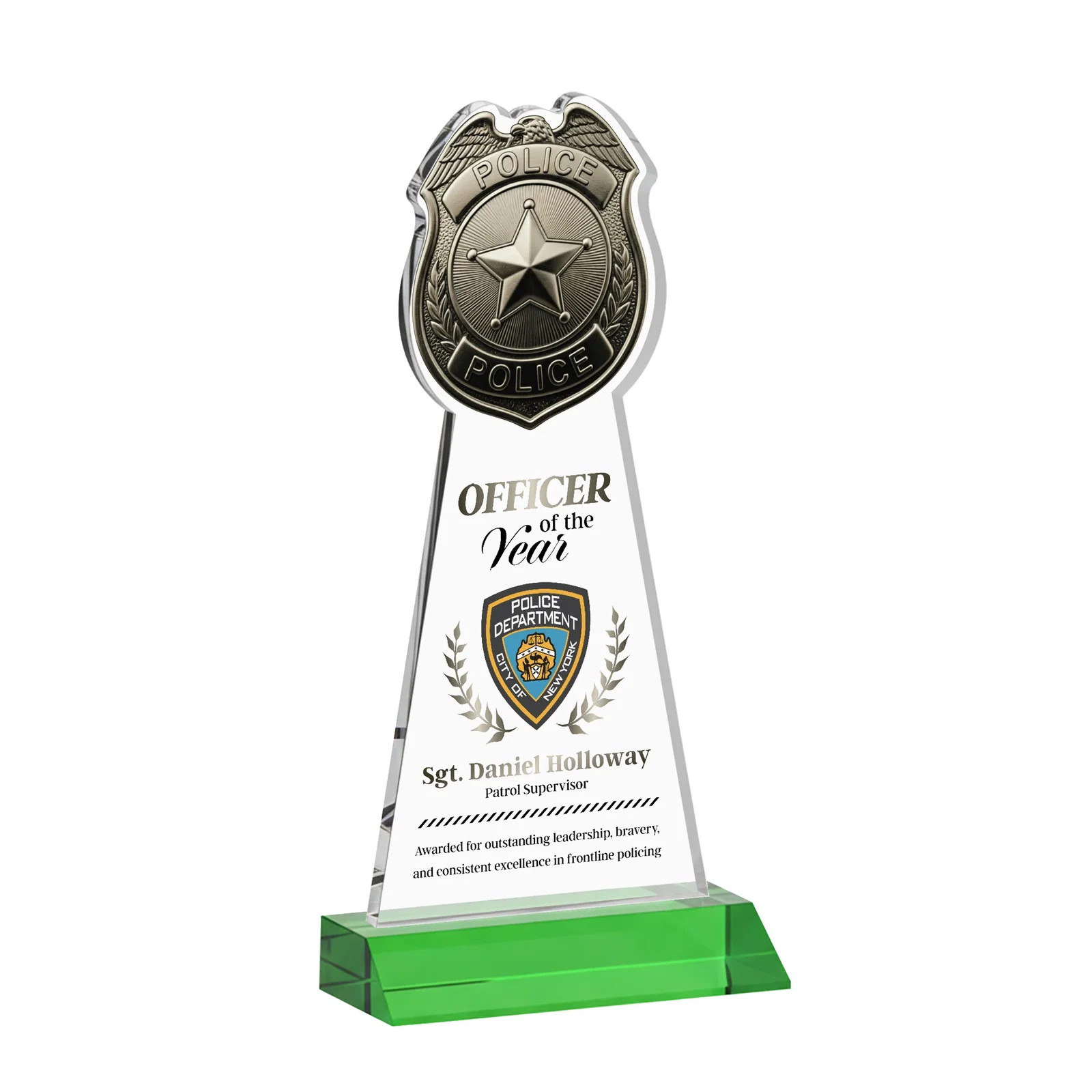 Branded Starfire Crystal Police Badge Award on Mitered Base for company anniversary events