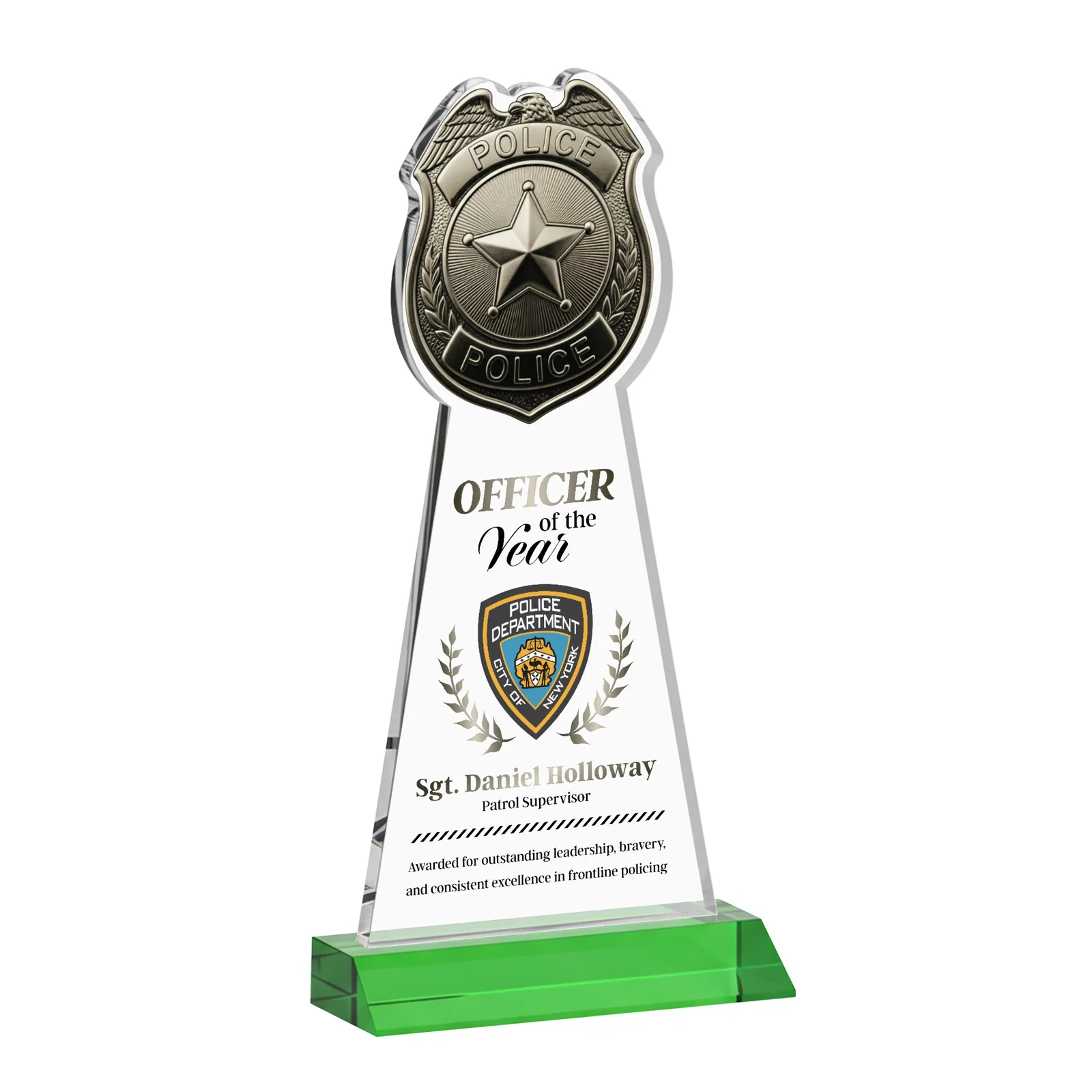 Custom printed Starfire Crystal Police Badge Award on Mitered Base for employee recognition