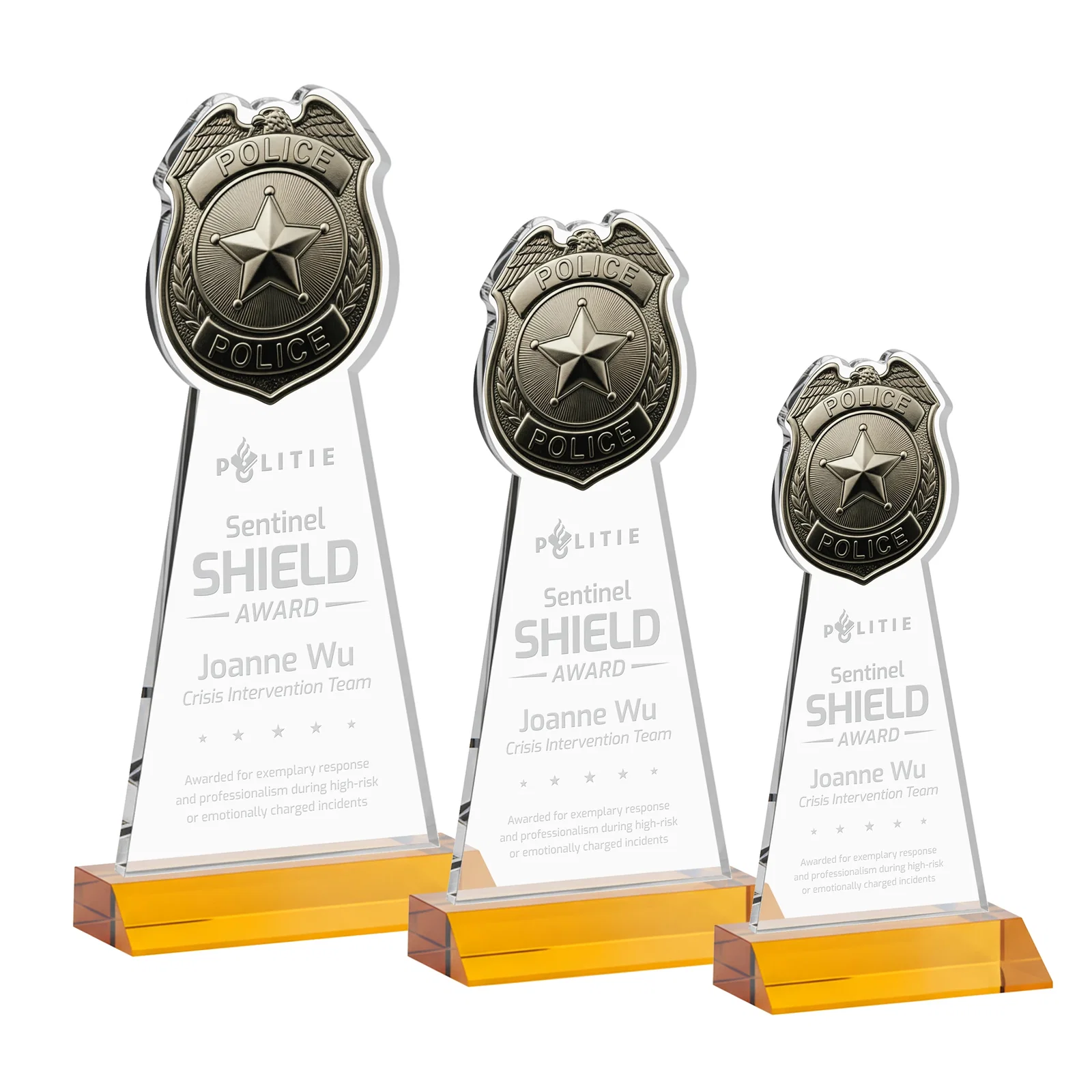 Custom Starfire Crystal Police Badge Award on Mitered Base for retirement presentations