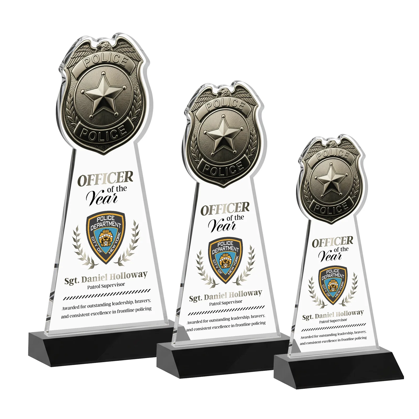 Custom printed Starfire Crystal Police Badge Award on Mitered Base for corporate award ceremonies
