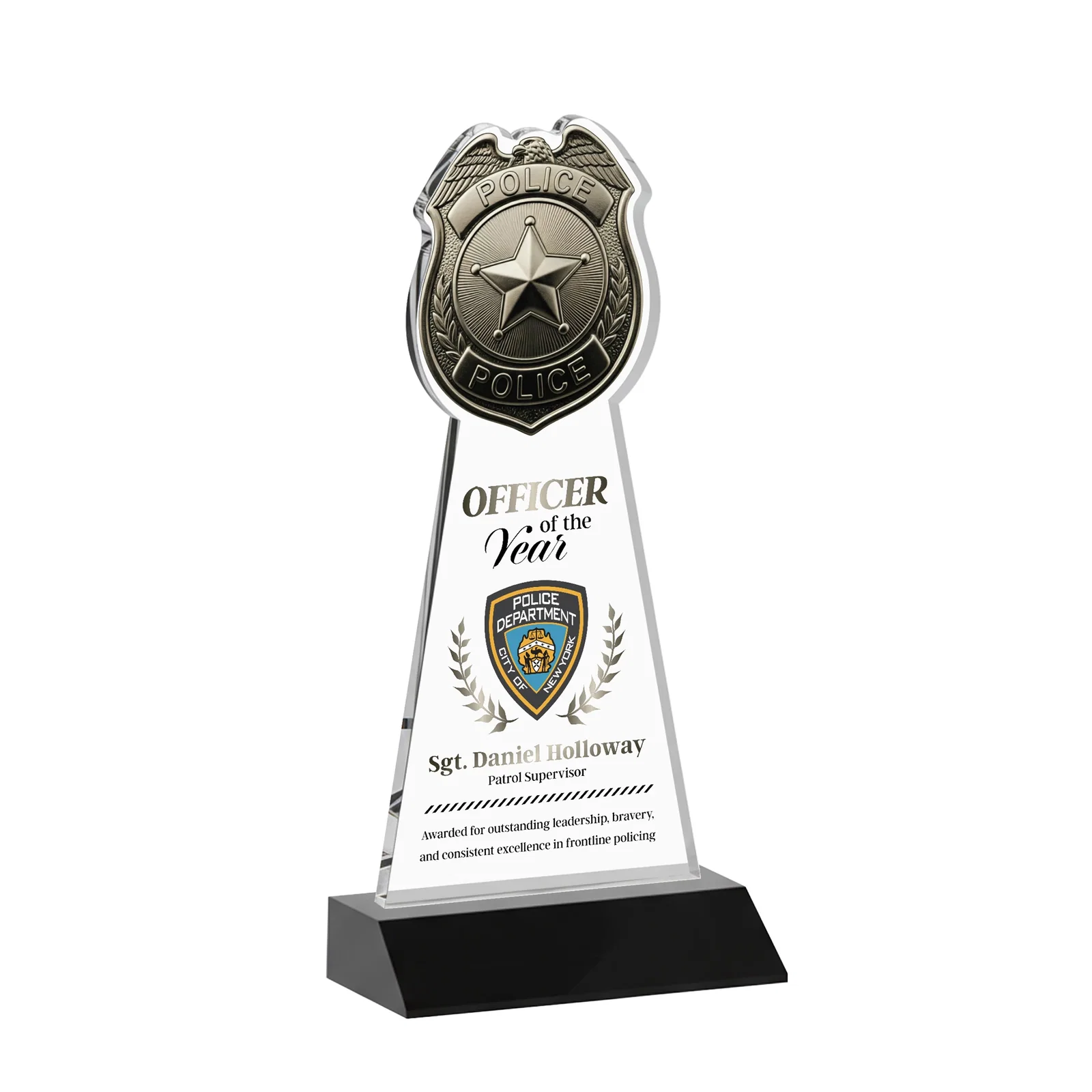 Custom printed Starfire Crystal Police Badge Award on Mitered Base for service anniversary gifts