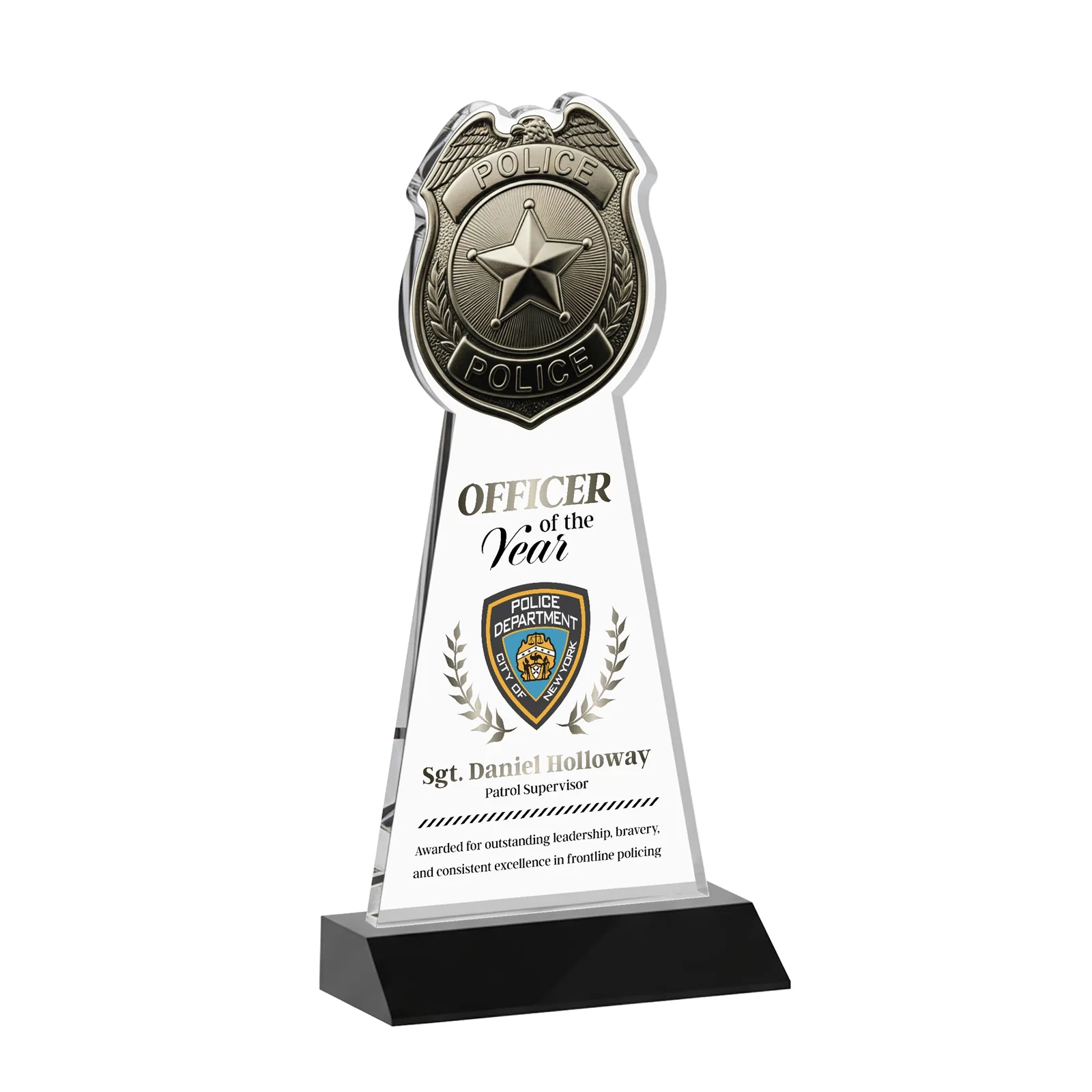 Custom printed Starfire Crystal Police Badge Award on Mitered Base for sales achievement awards