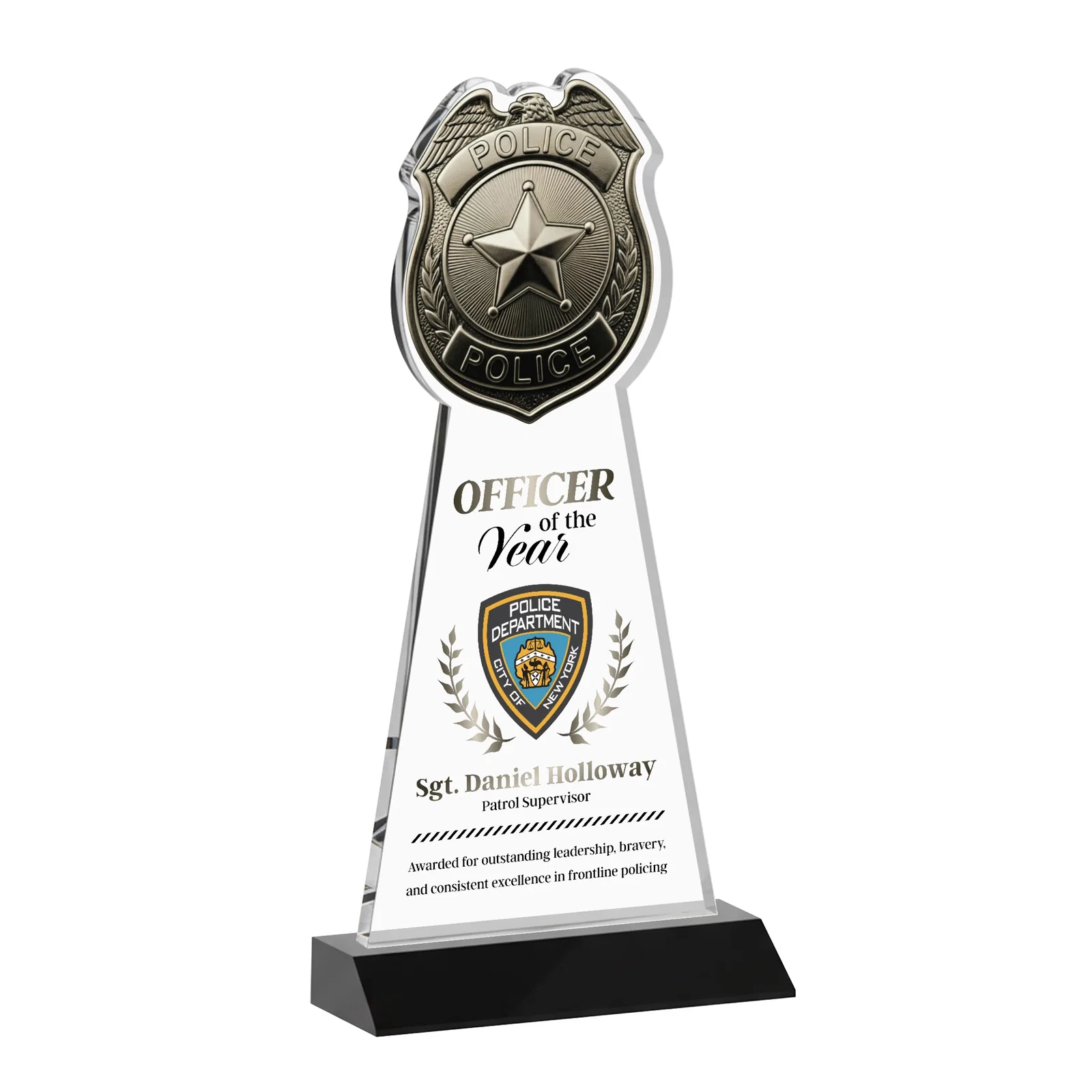 Custom printed Starfire Crystal Police Badge Award on Mitered Base for retirement presentations