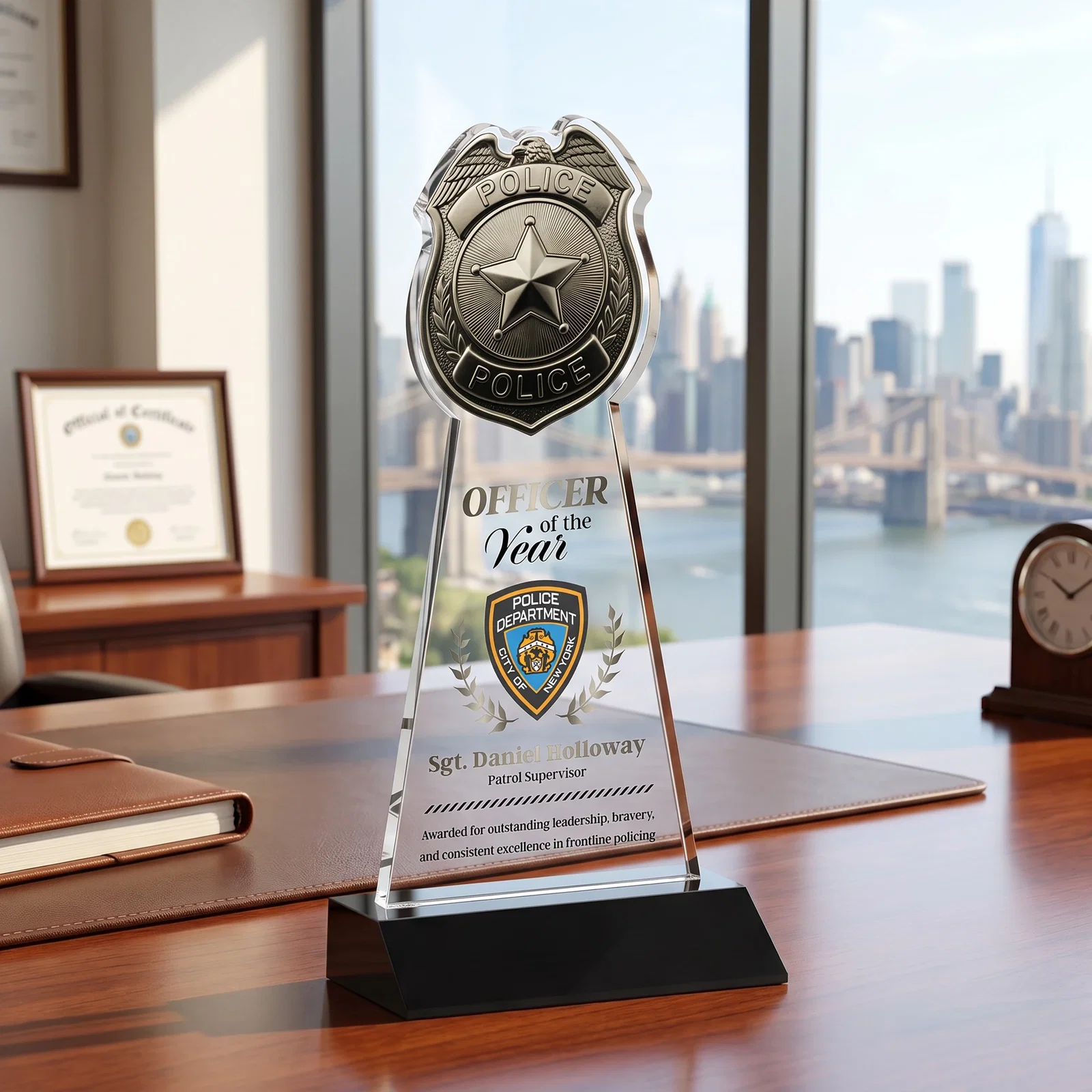 Custom printed Starfire Crystal Police Badge Award on Mitered Base for team milestone celebrations