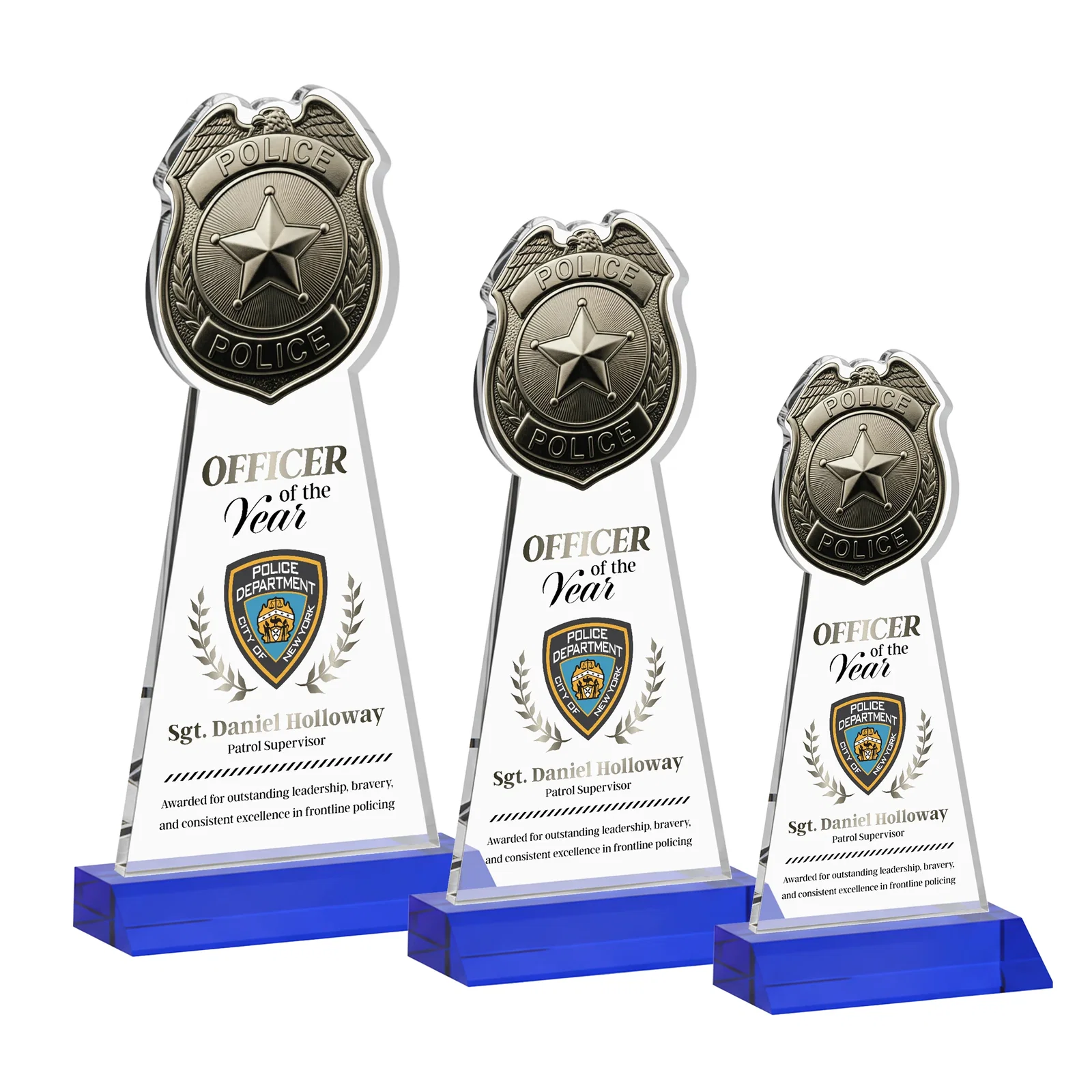 Custom printed Starfire Crystal Police Badge Award on Mitered Base for donor appreciation