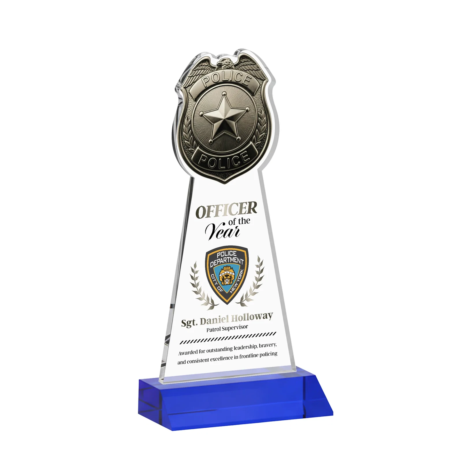 Custom printed Starfire Crystal Police Badge Award on Mitered Base for graduation ceremonies