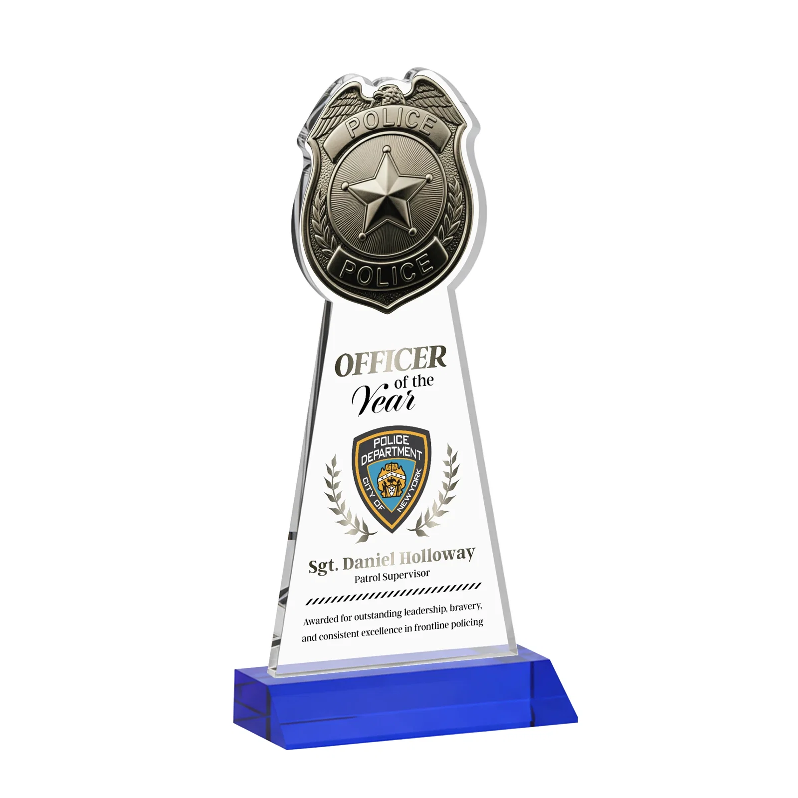 Custom printed Starfire Crystal Police Badge Award on Mitered Base for safety achievement programs