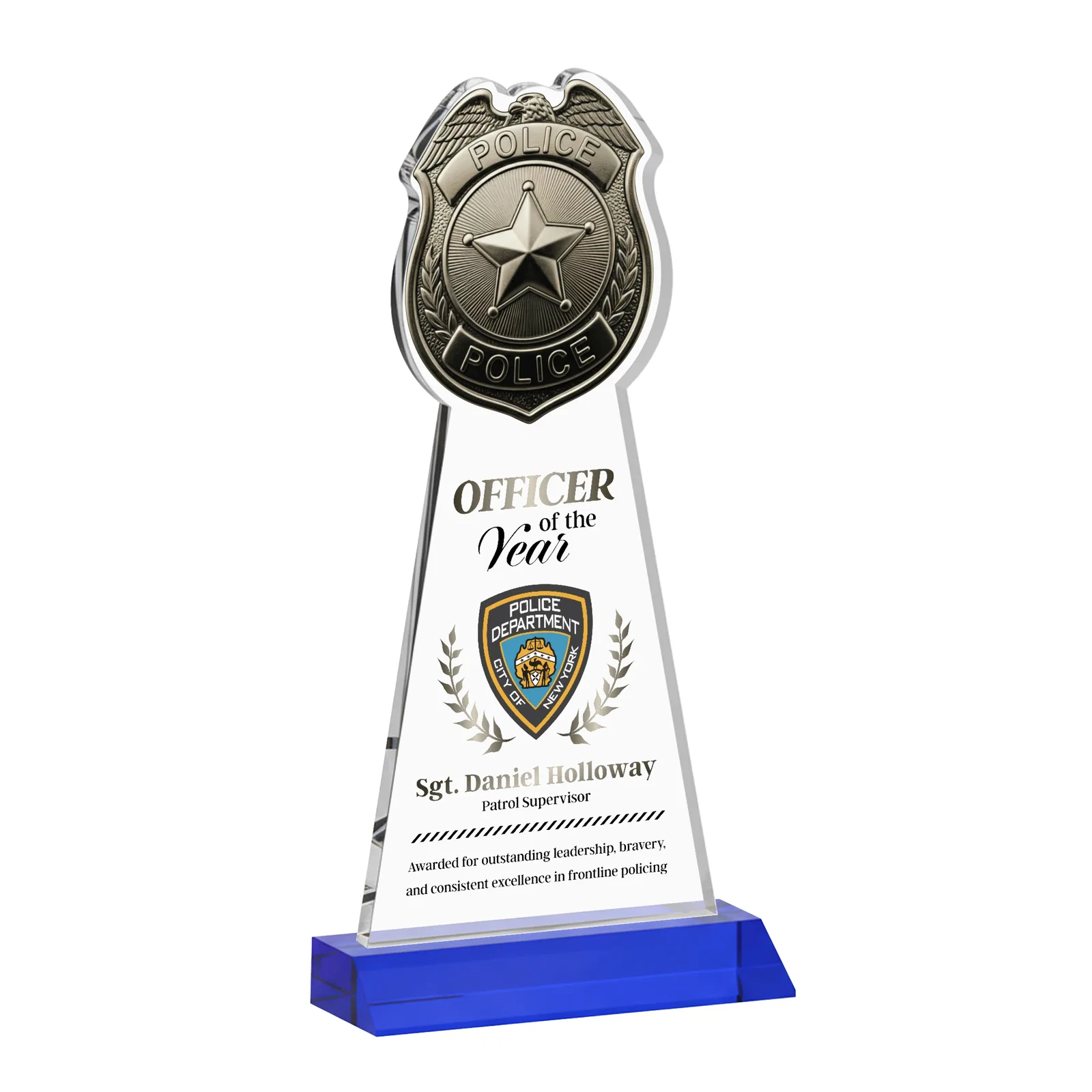 Custom printed Starfire Crystal Police Badge Award on Mitered Base for volunteer appreciation
