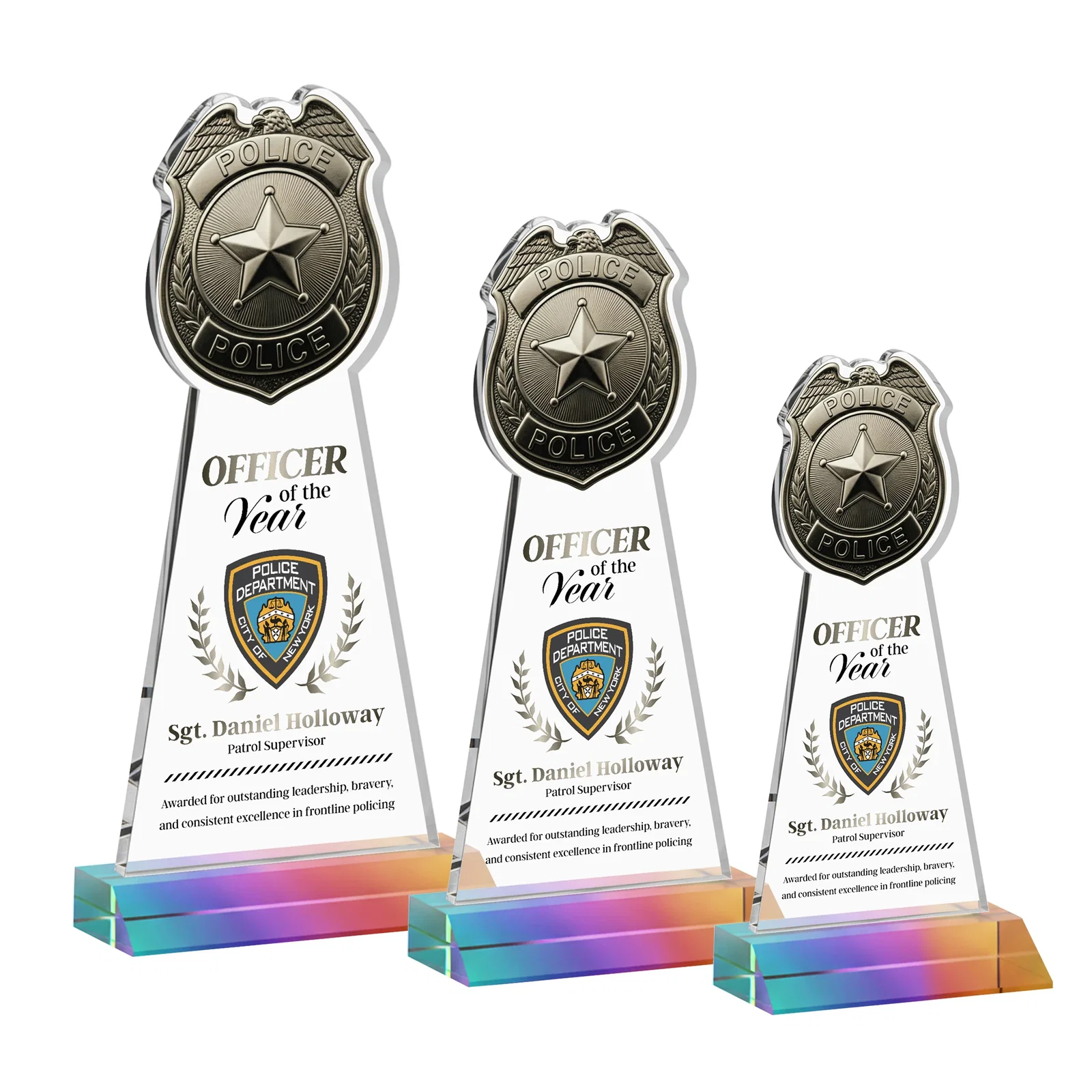 Custom printed Starfire Crystal Police Badge Award on Mitered Base for dealer and partner awards