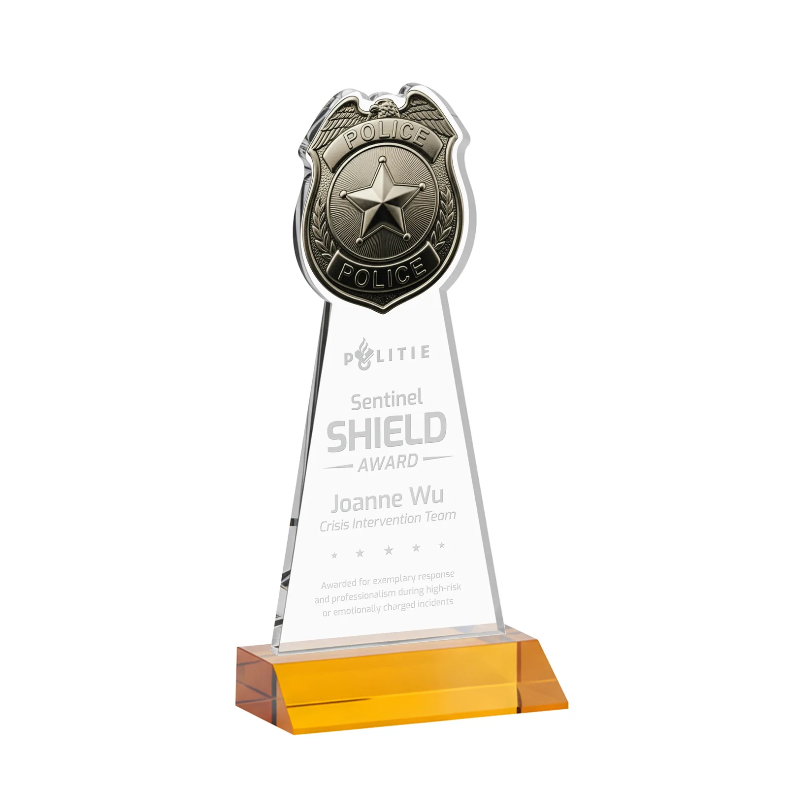 Custom Starfire Crystal Police Badge Award on Mitered Base for team milestone celebrations