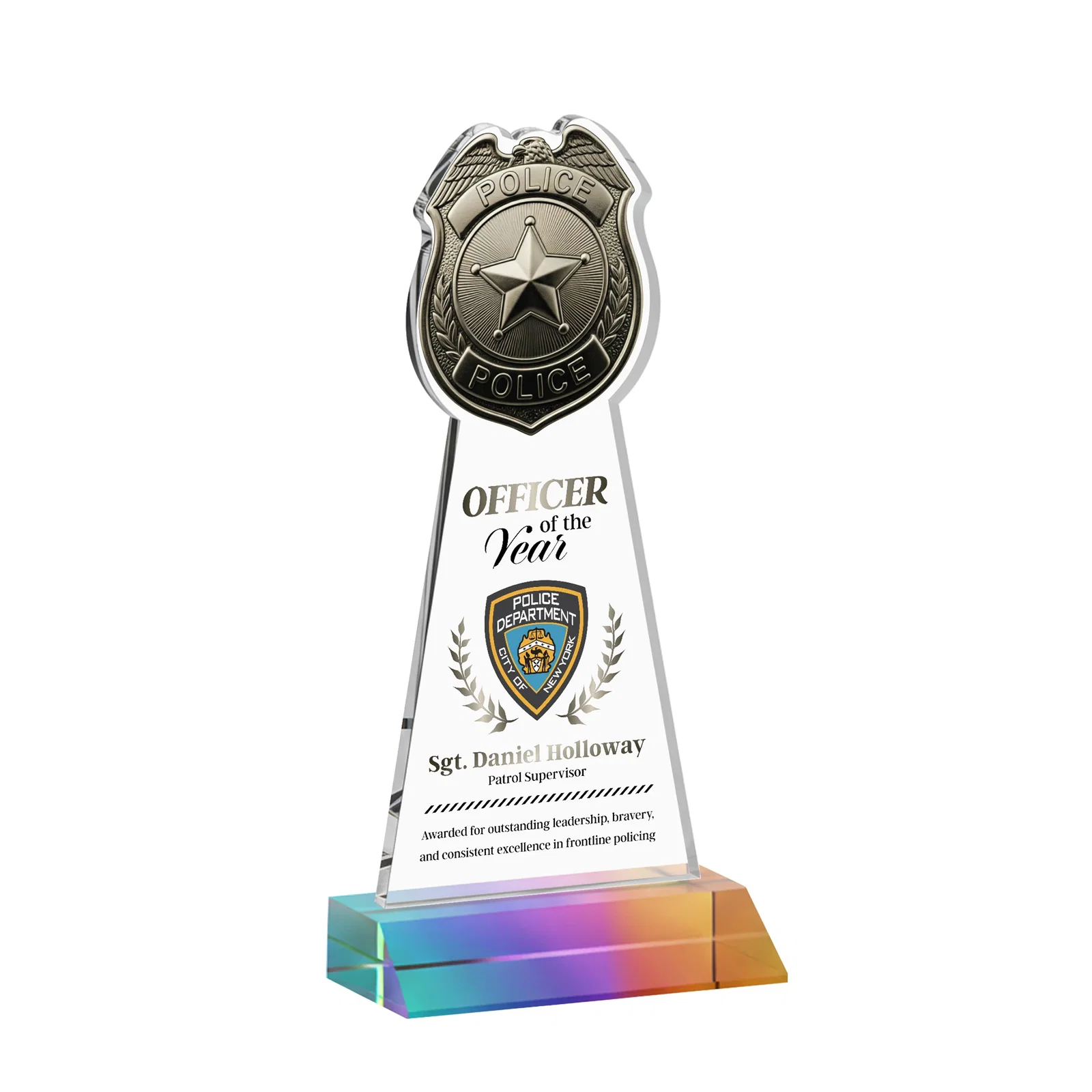 Custom printed Starfire Crystal Police Badge Award on Mitered Base for company anniversary events
