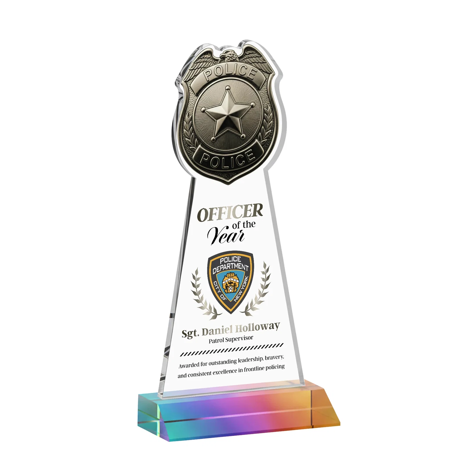 Customized Starfire Crystal Police Badge Award on Mitered Base for employee recognition