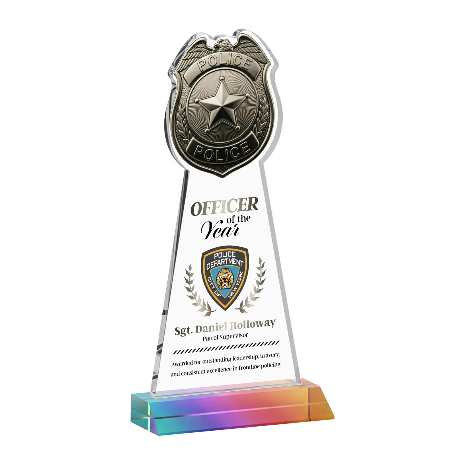 Customized Starfire Crystal Police Badge Award on Mitered Base for corporate award ceremonies