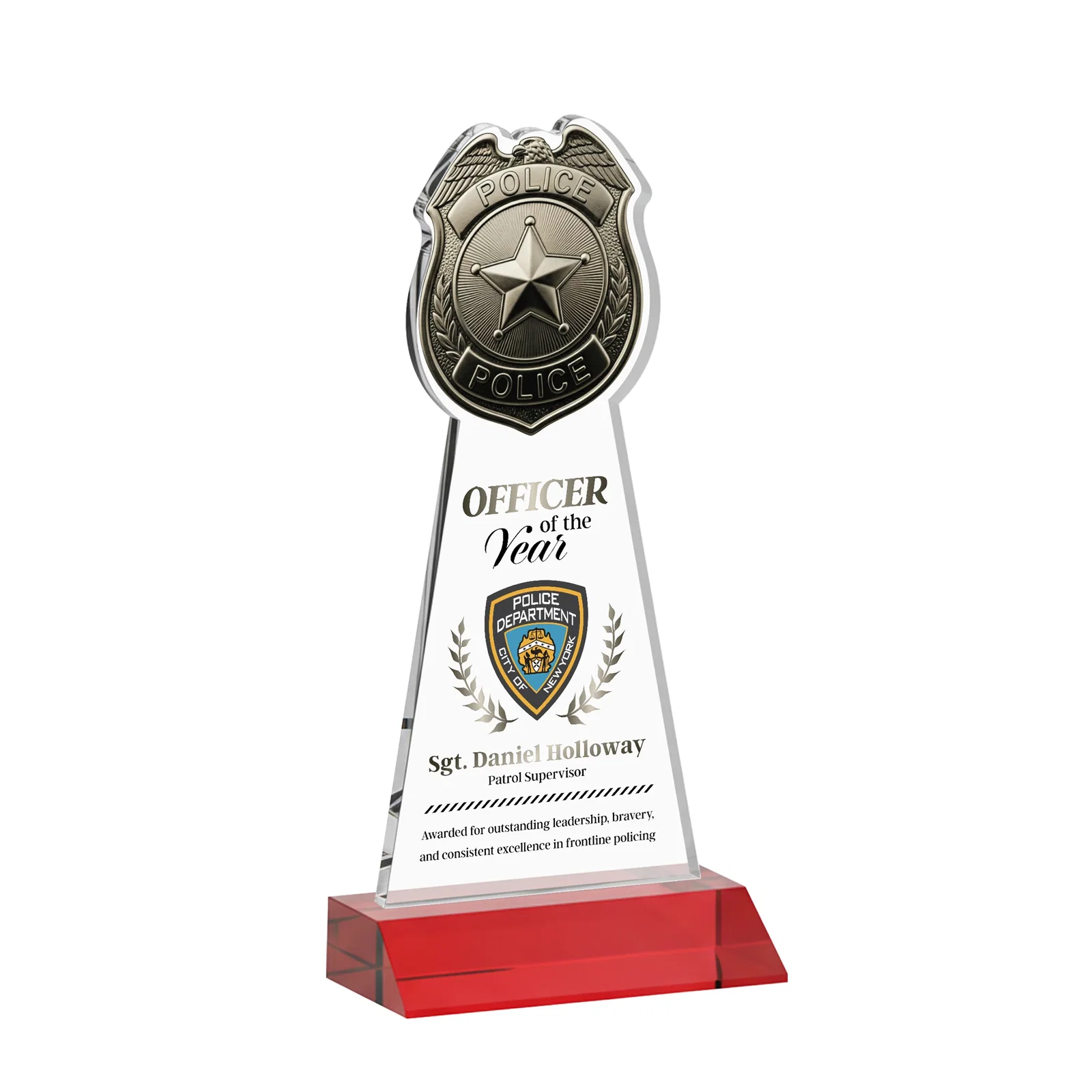 Customized Starfire Crystal Police Badge Award on Mitered Base for sales achievement awards