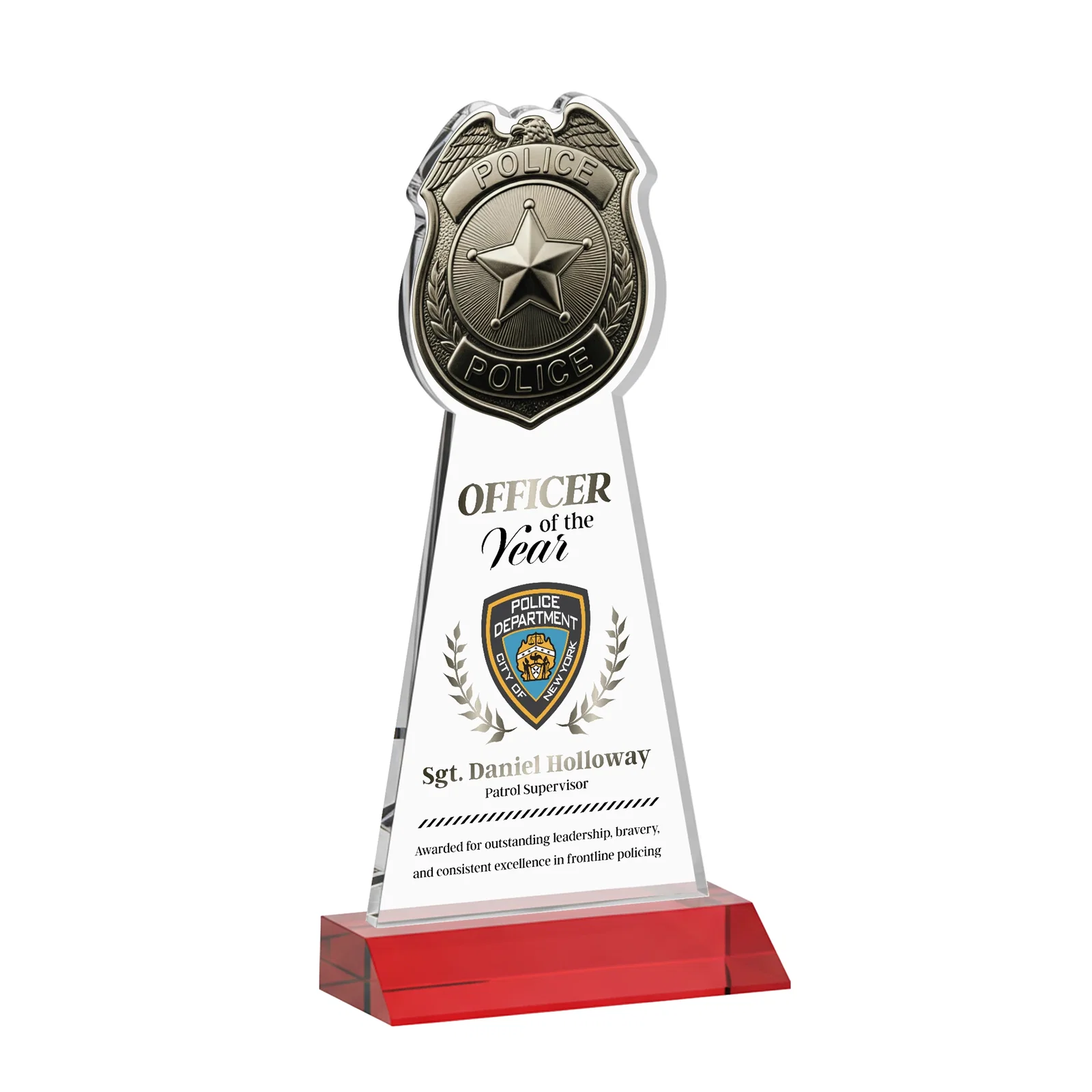 Customized Starfire Crystal Police Badge Award on Mitered Base for retirement presentations