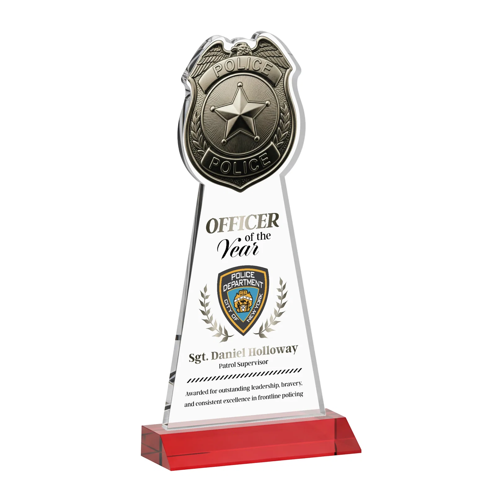 Customized Starfire Crystal Police Badge Award on Mitered Base for team milestone celebrations
