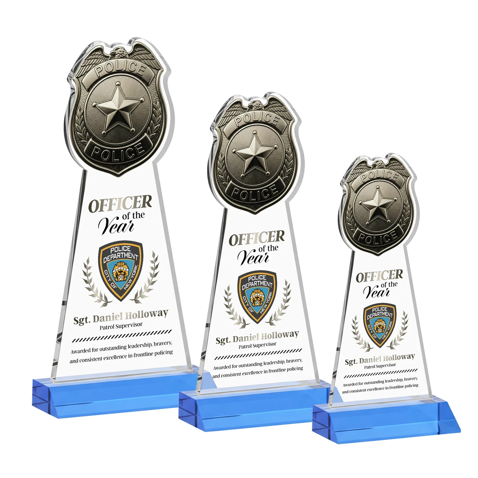 Customized Starfire Crystal Police Badge Award on Mitered Base for donor appreciation