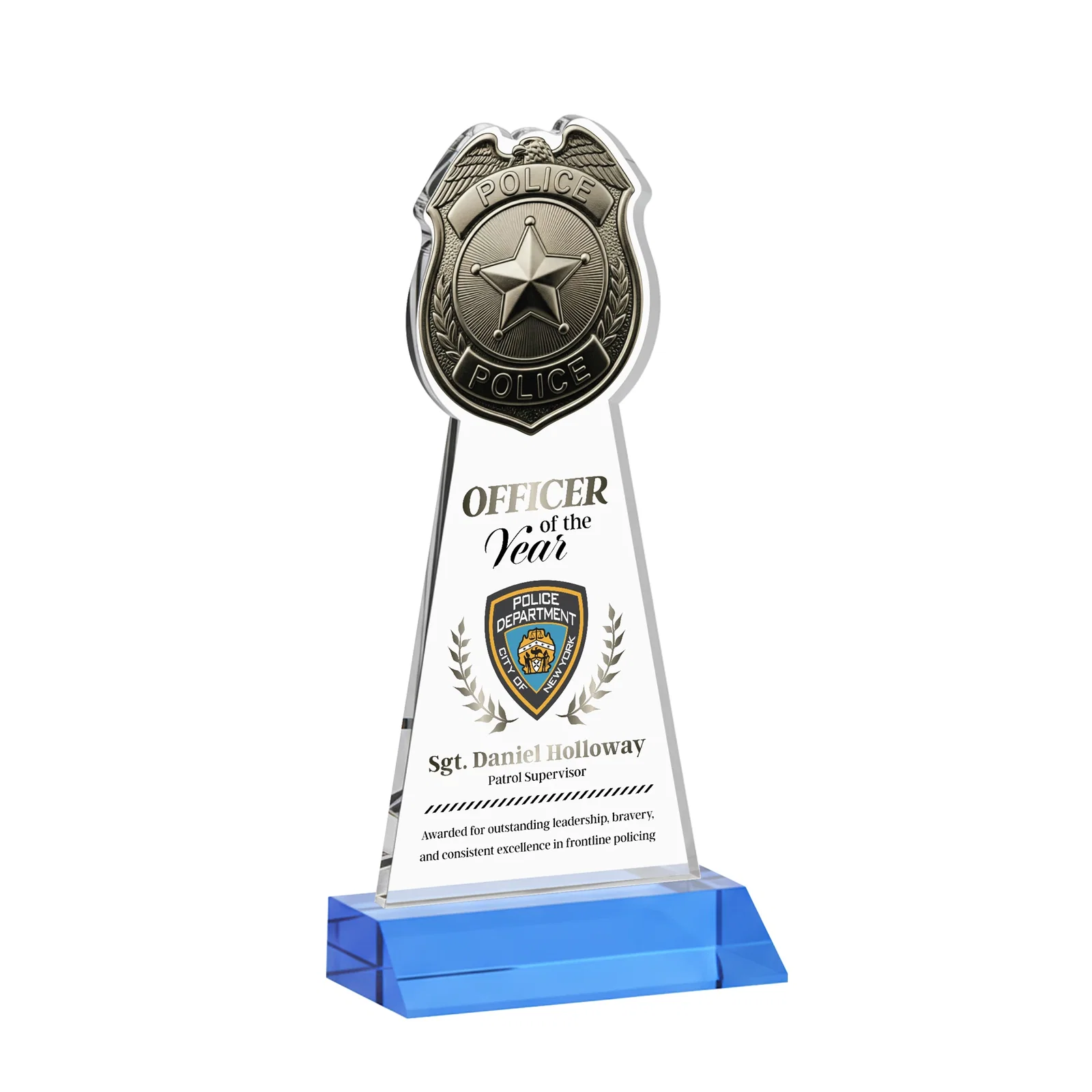 Customized Starfire Crystal Police Badge Award on Mitered Base for graduation ceremonies