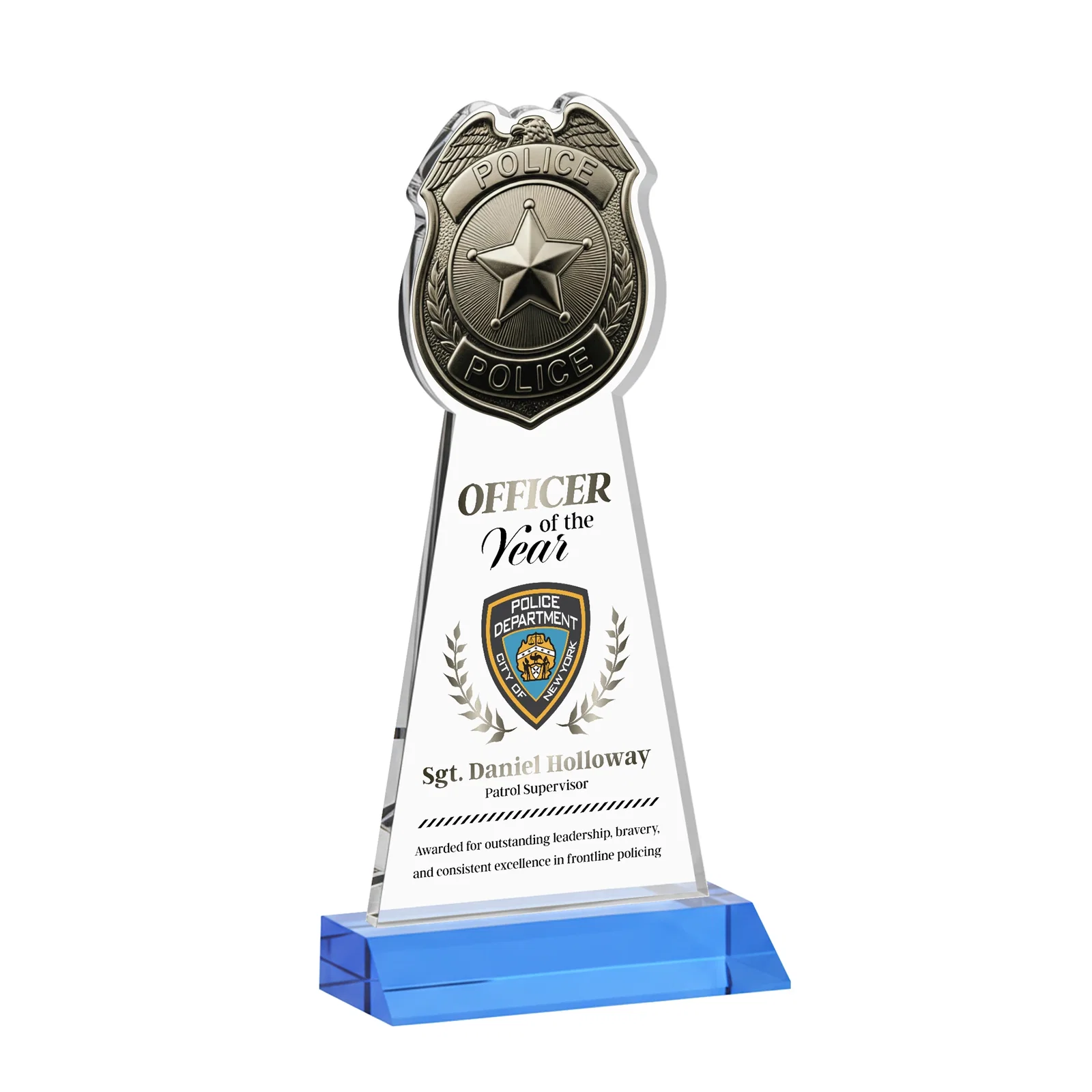 Customized Starfire Crystal Police Badge Award on Mitered Base for safety achievement programs