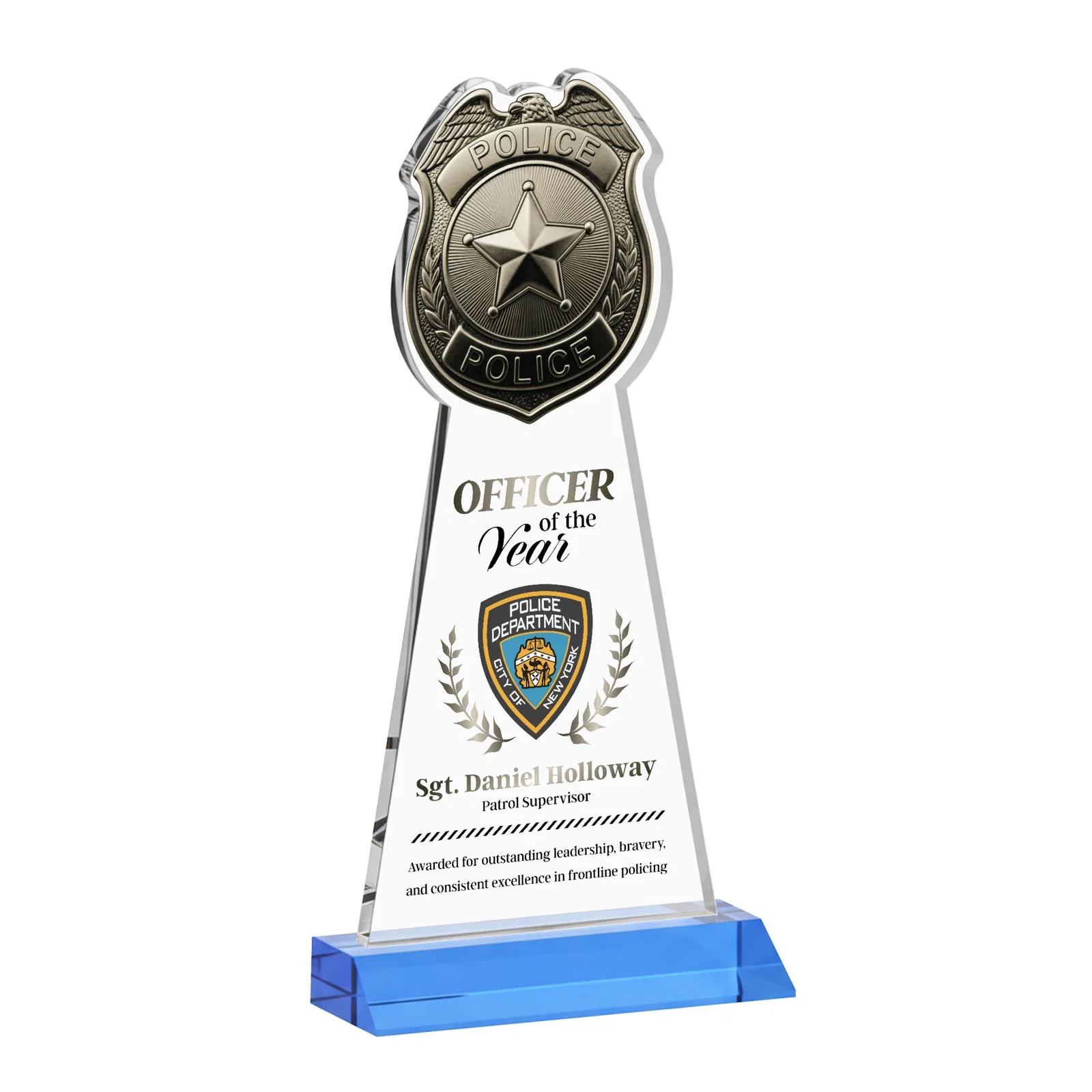 Customized Starfire Crystal Police Badge Award on Mitered Base for volunteer appreciation