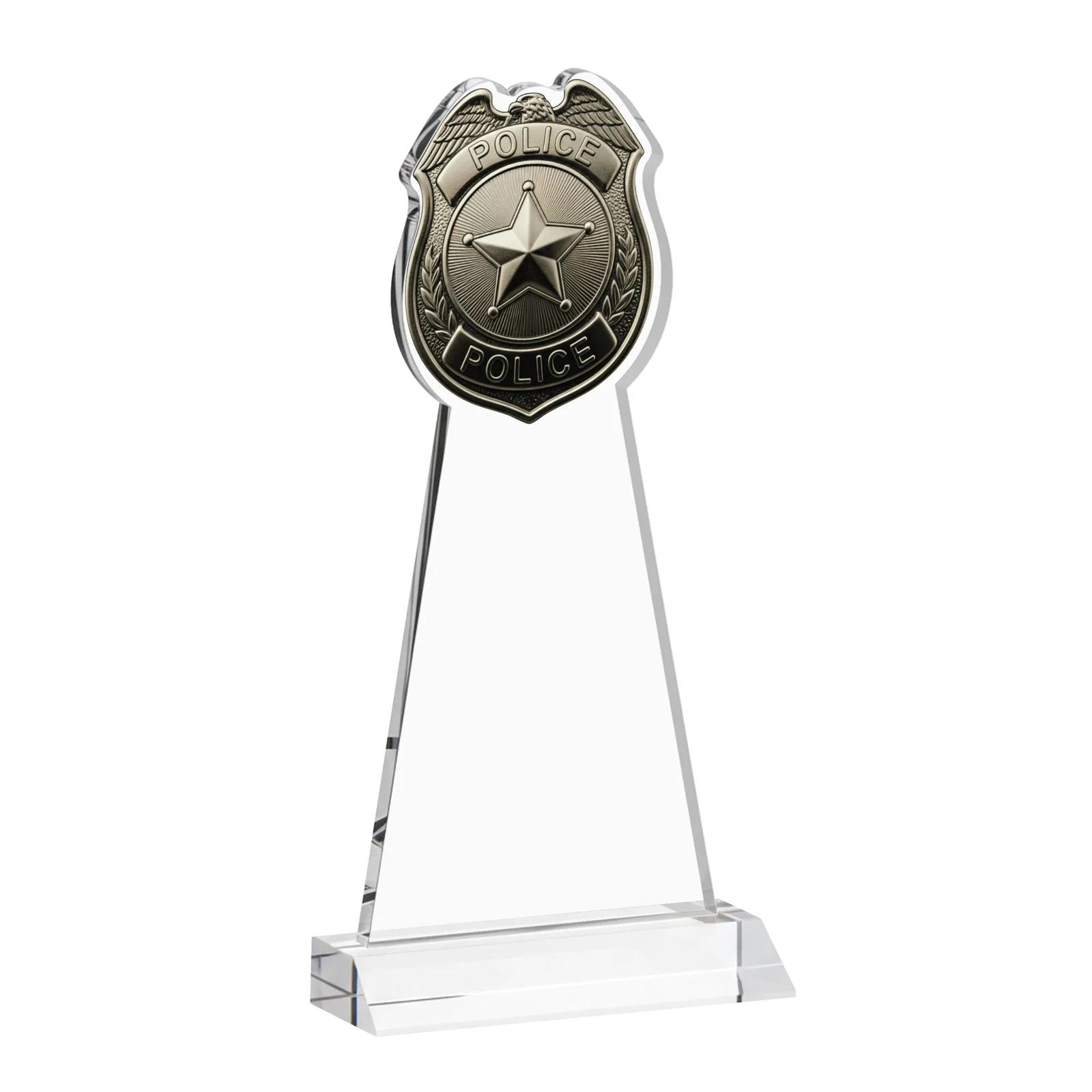 Custom engraved Starfire Crystal Police Badge Award on Mitered Base for retirement presentations
