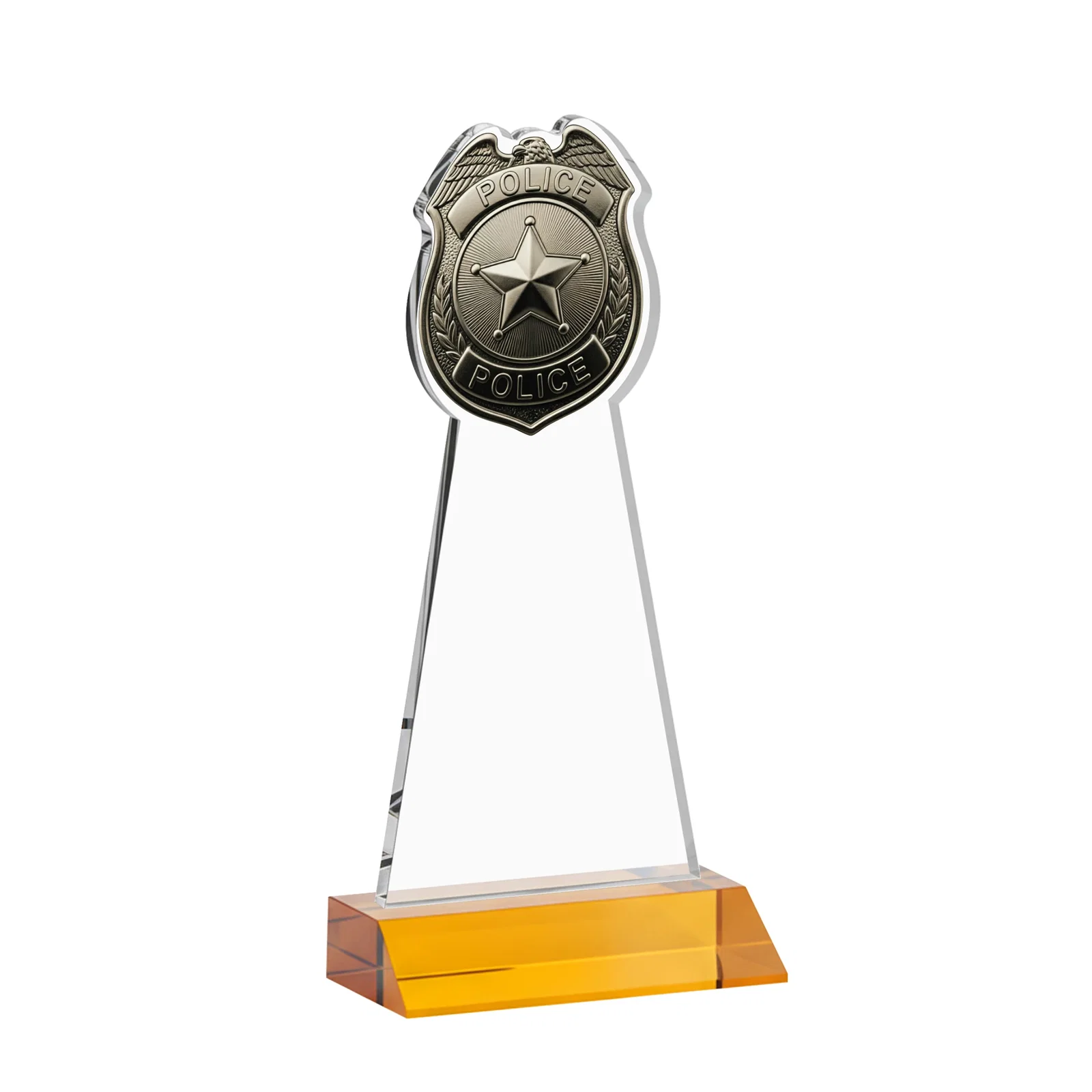 Custom engraved Starfire Crystal Police Badge Award on Mitered Base for team milestone celebrations