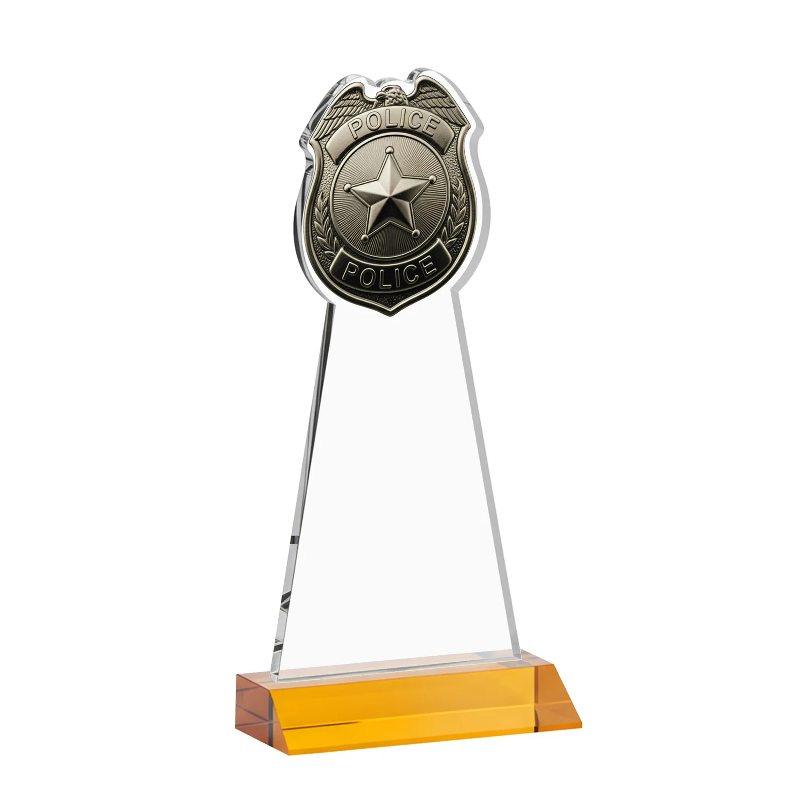 Custom engraved Starfire Crystal Police Badge Award on Mitered Base for donor appreciation