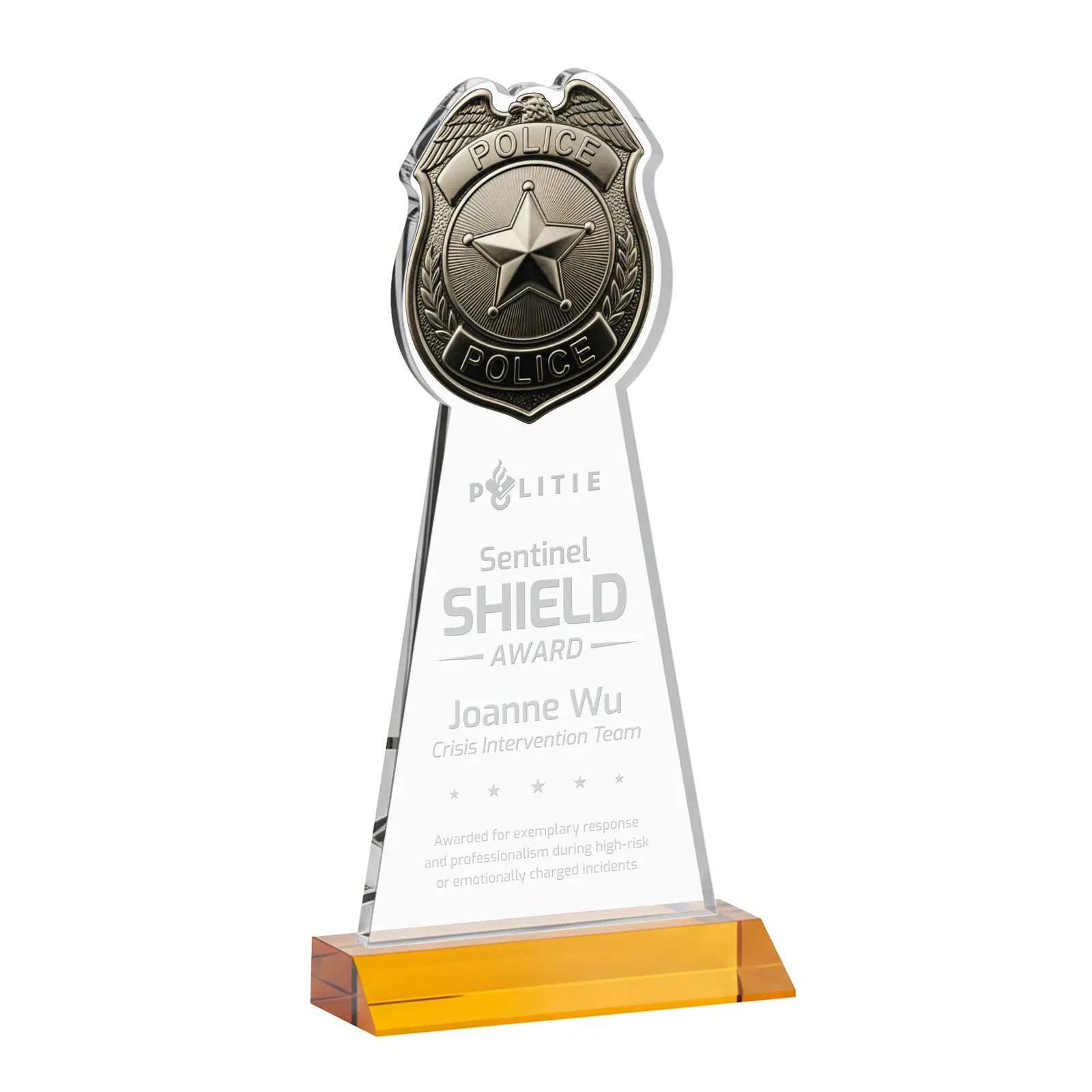 Custom Starfire Crystal Police Badge Award on Mitered Base for graduation ceremonies