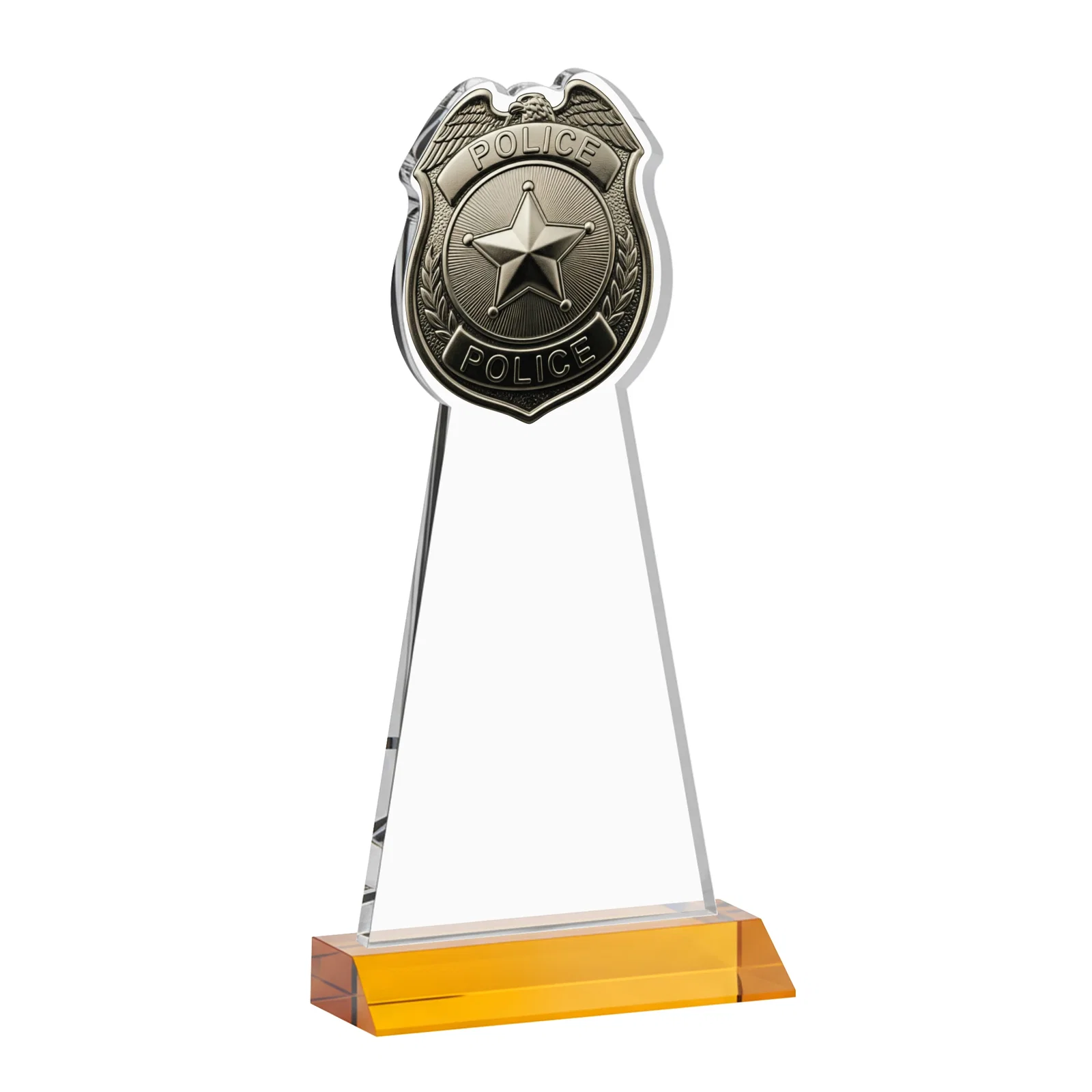 Custom engraved Starfire Crystal Police Badge Award on Mitered Base for graduation ceremonies