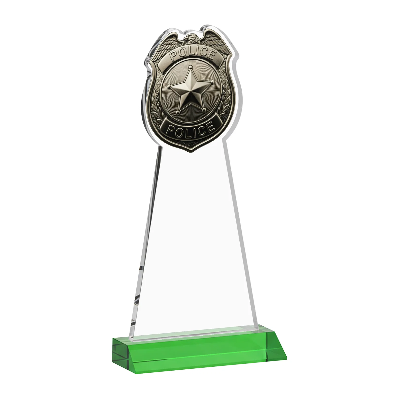 Custom engraved Starfire Crystal Police Badge Award on Mitered Base for dealer and partner awards