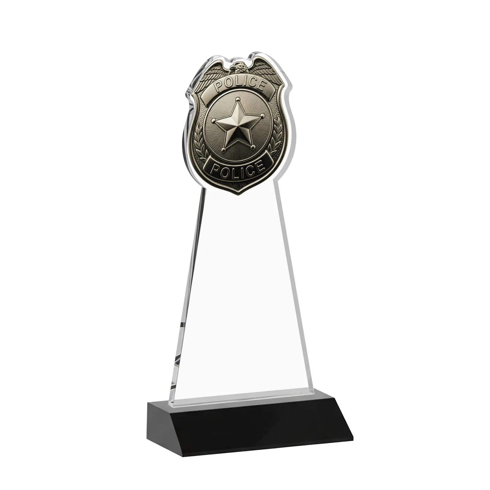 Custom engraved Starfire Crystal Police Badge Award on Mitered Base for company anniversary events