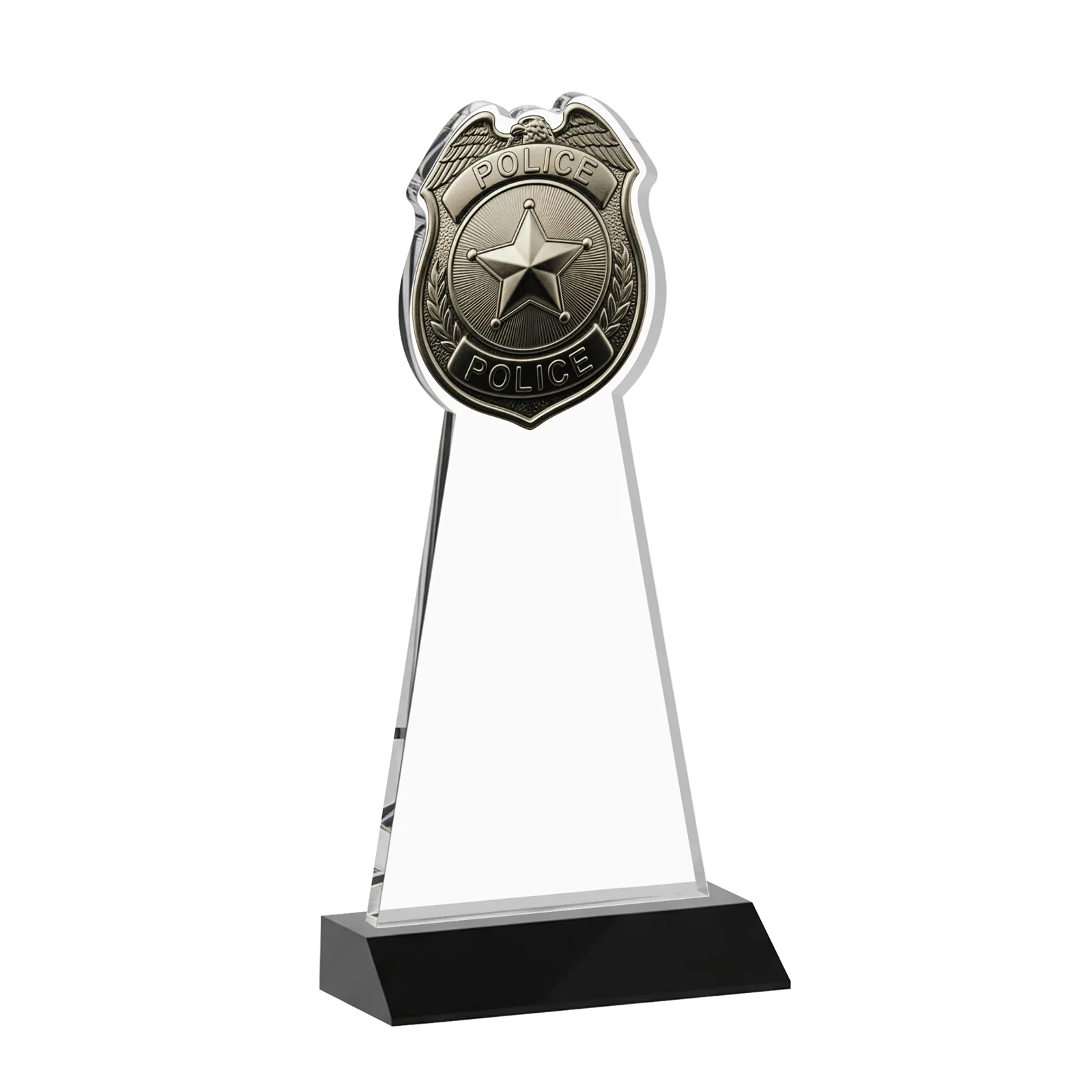 Custom Starfire Crystal Police Badge Award on Mitered Base, with your logo for employee recognition
