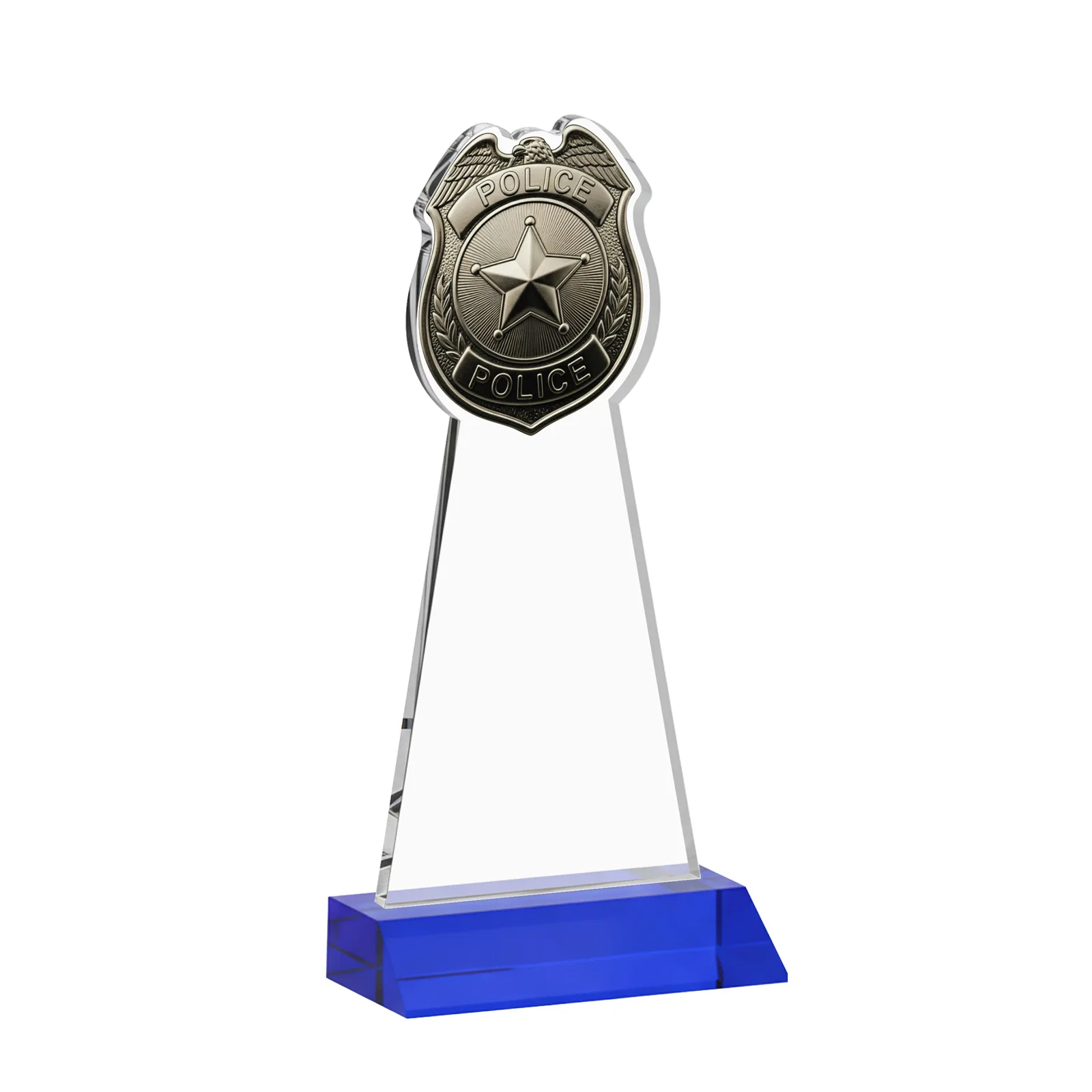 Custom Starfire Crystal Police Badge Award on Mitered Base, with your logo for service anniversary gifts