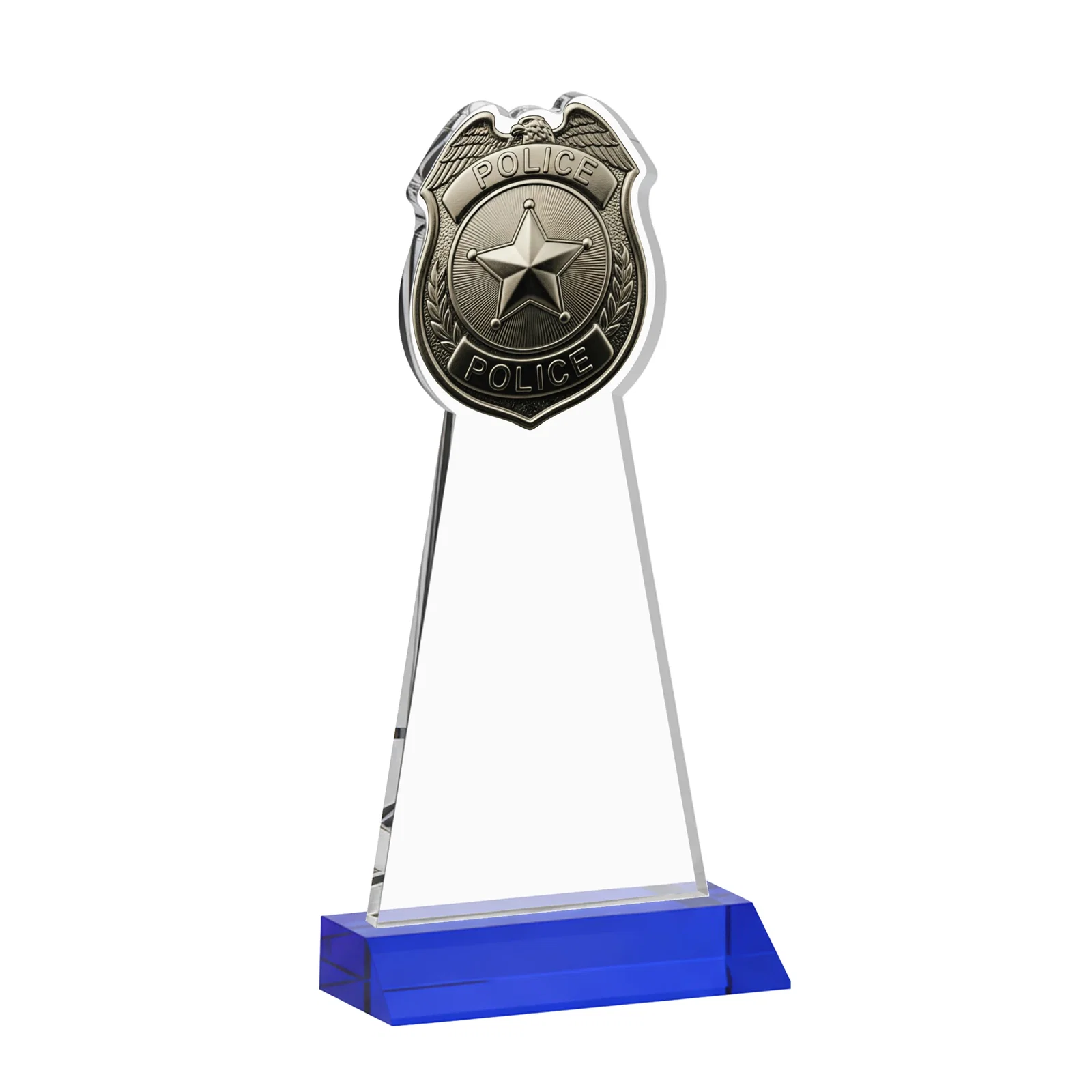 Custom Starfire Crystal Police Badge Award on Mitered Base, with your logo for sales achievement awards