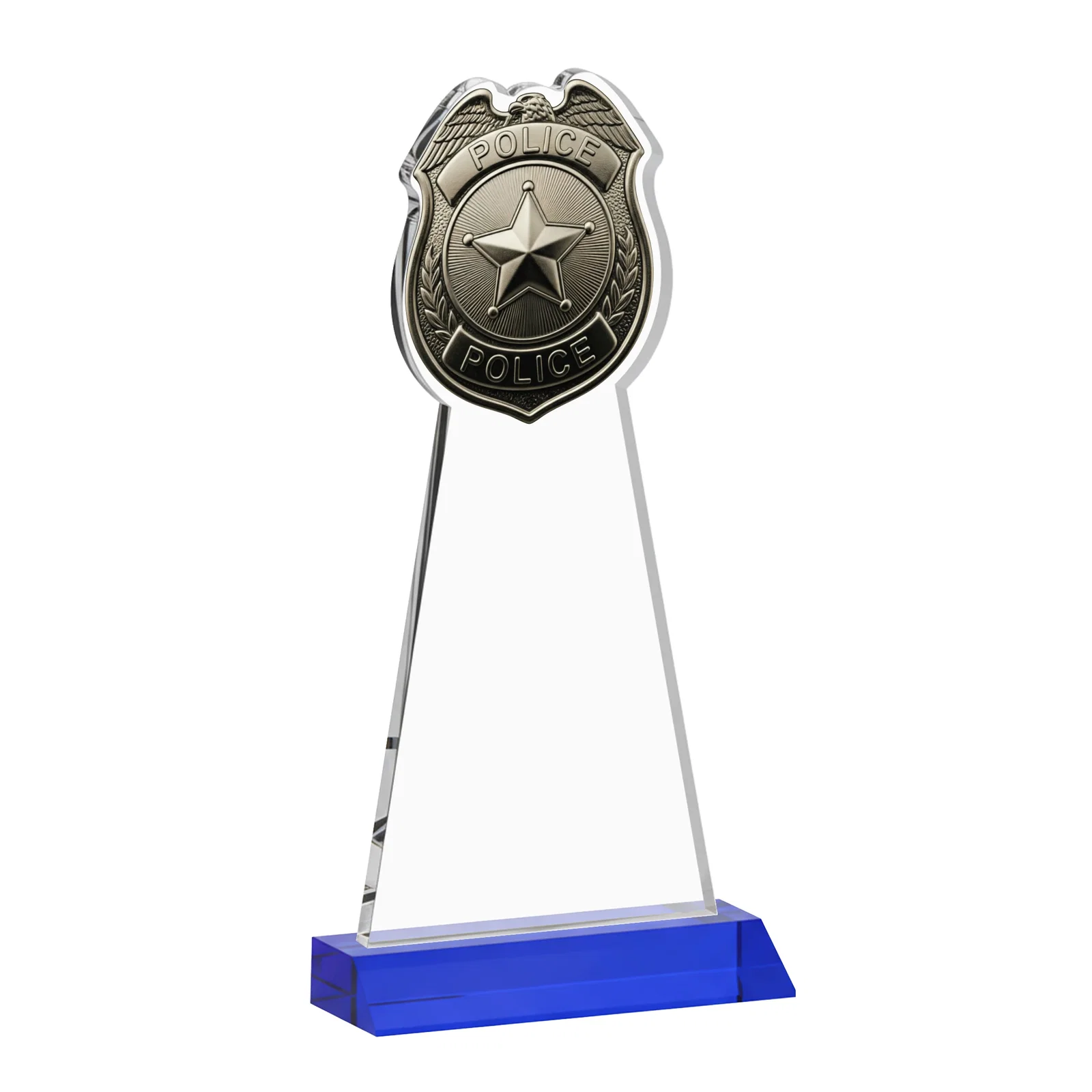 Custom Starfire Crystal Police Badge Award on Mitered Base, with your logo for retirement presentations