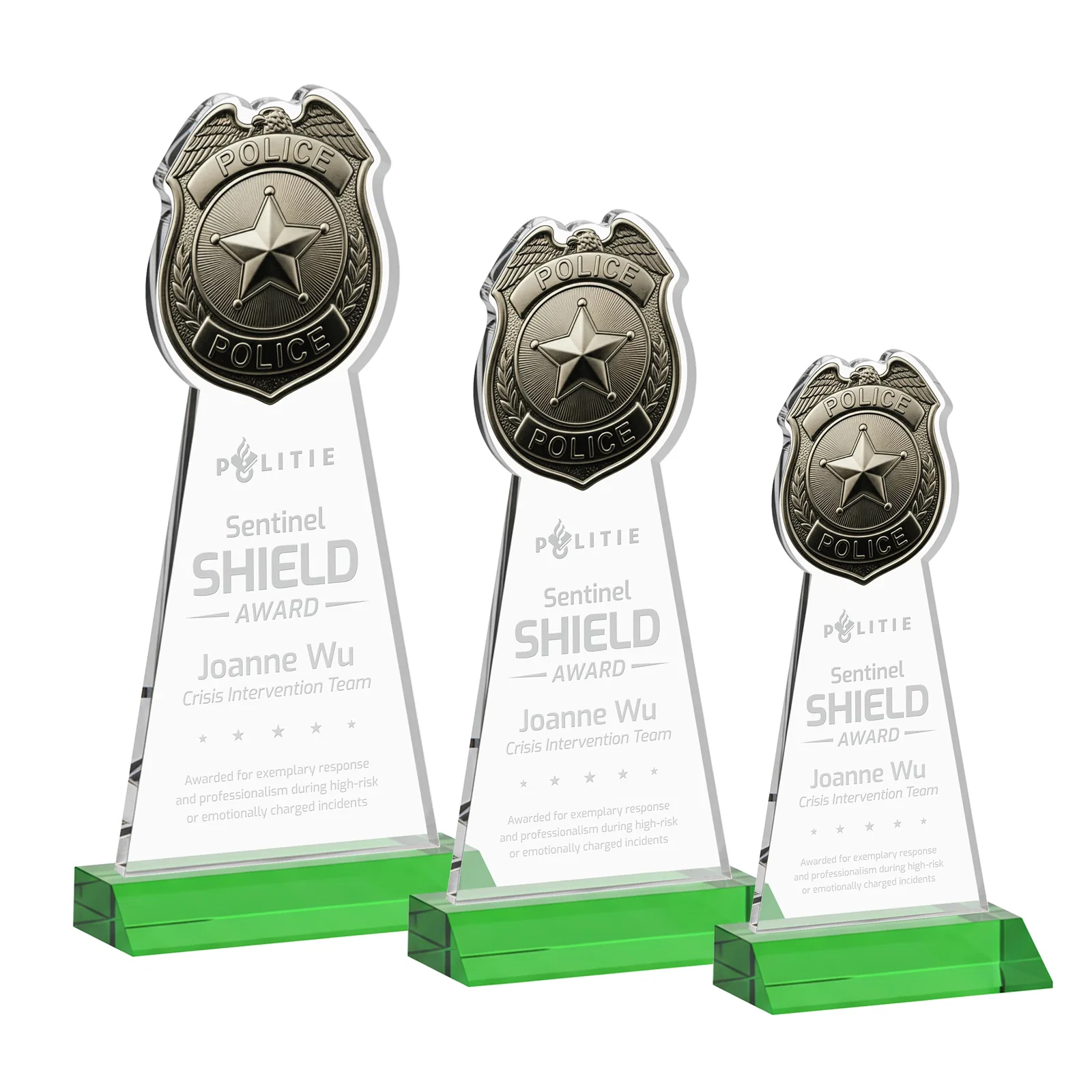 Custom Starfire Crystal Police Badge Award on Mitered Base for safety achievement programs