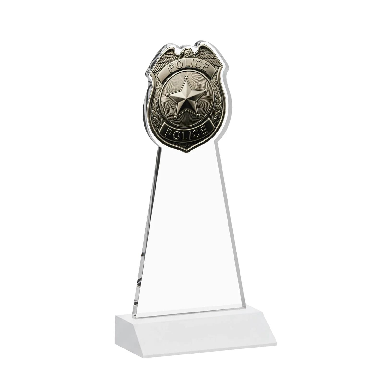 Personalized Starfire Crystal Police Badge Award on Mitered Base, with your logo for service anniversary gifts
