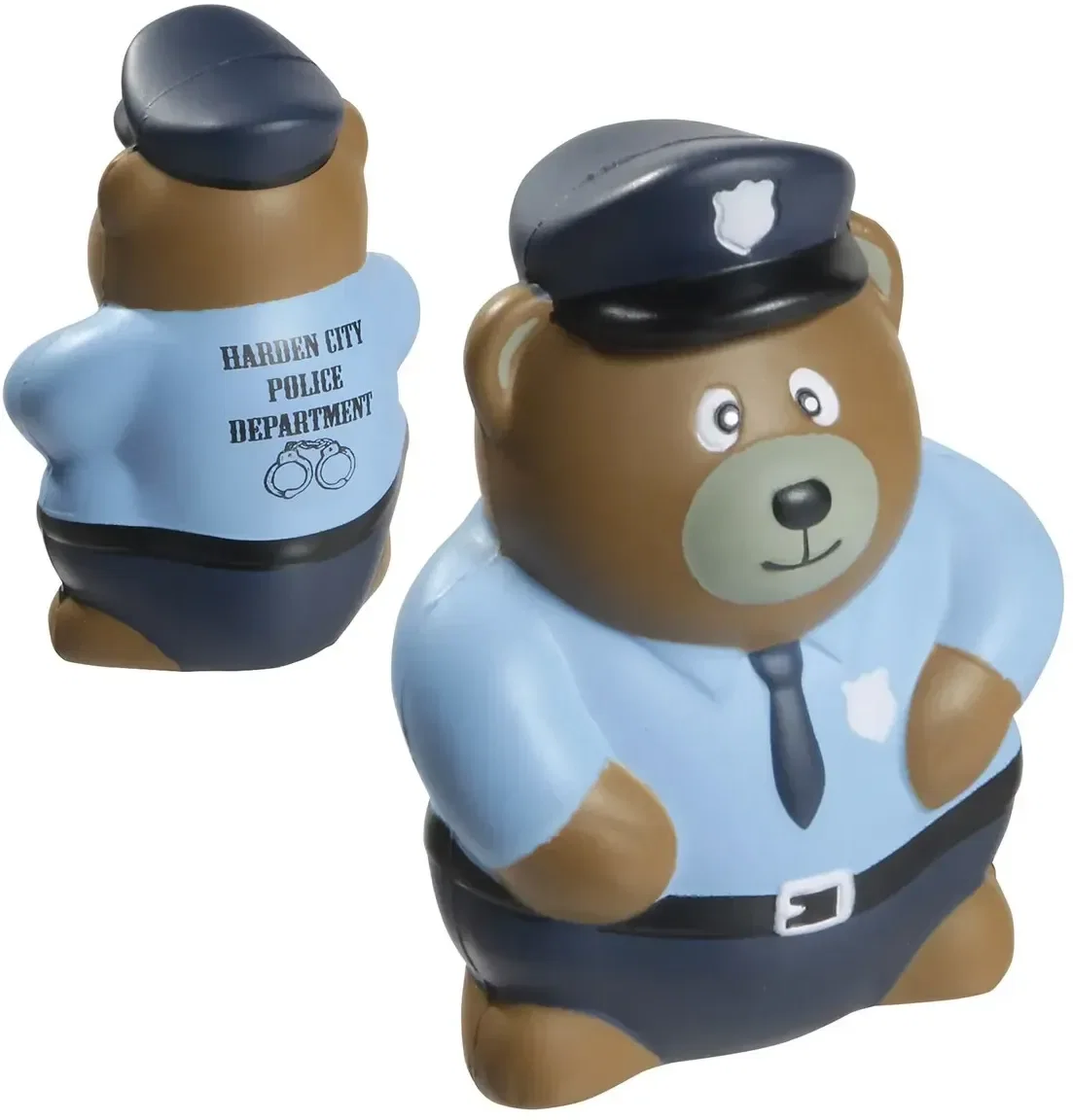 Police Bear Stress Reliever, a custom uniformed-bear squeeze toy for branded community-safety giveaways