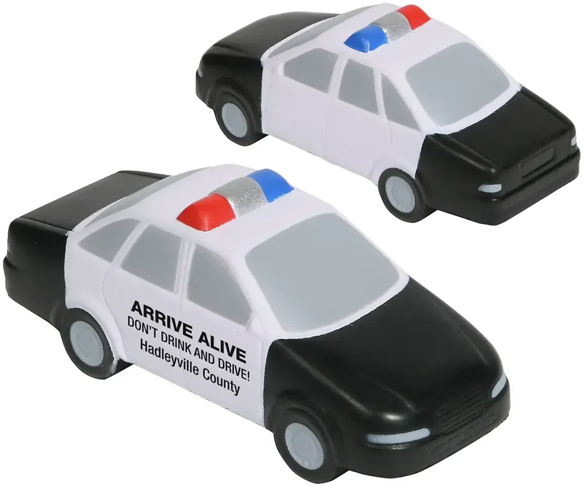 Police Car Stress Reliever, a custom cruiser-shaped squeeze toy for logo-branded public-safety promotions